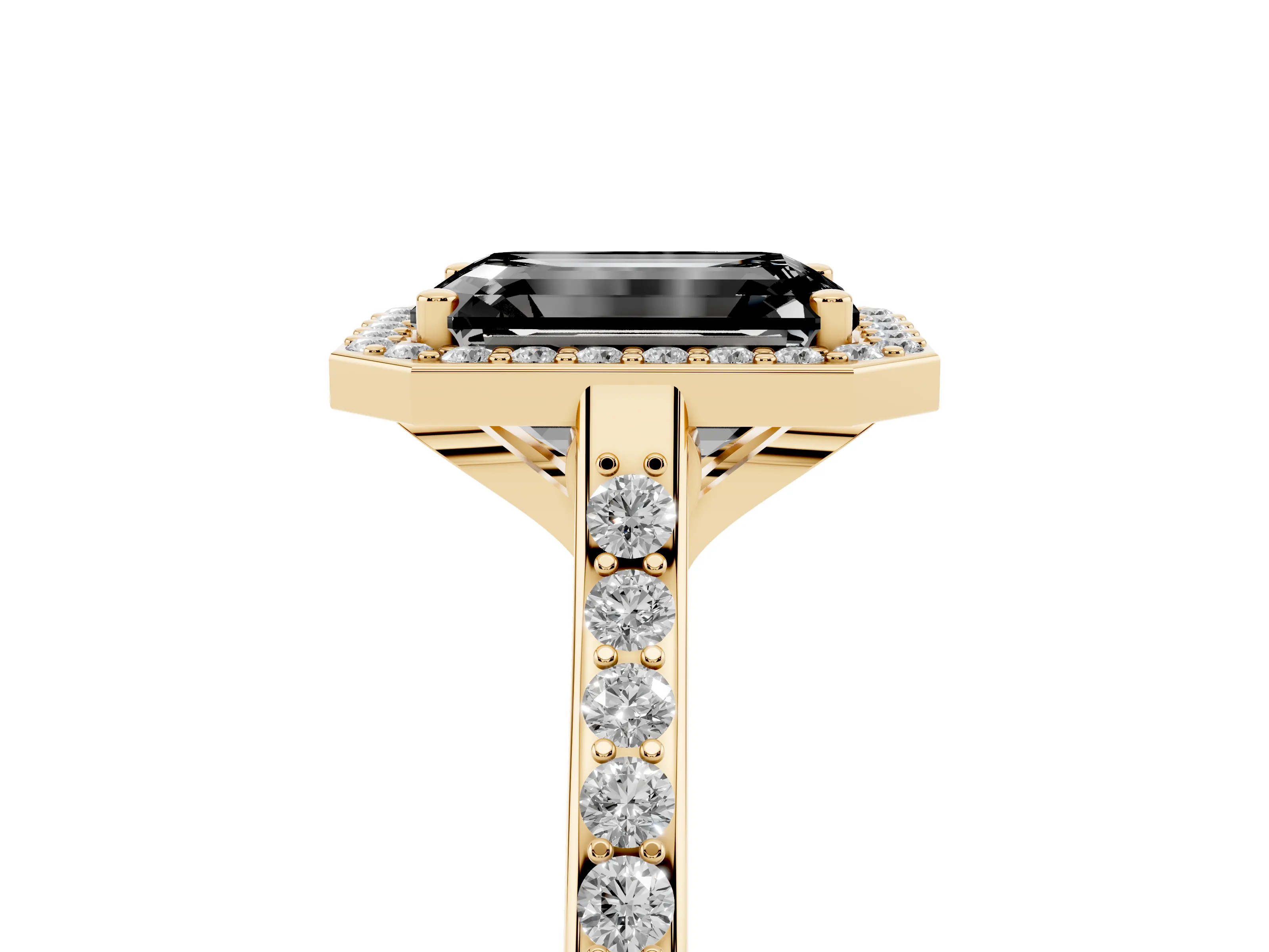 Fancy Black Emerald Cut Diamond Halo Engagement Ring Set in Yellow gold with Round Pavé Shoulders and Heart Gallery