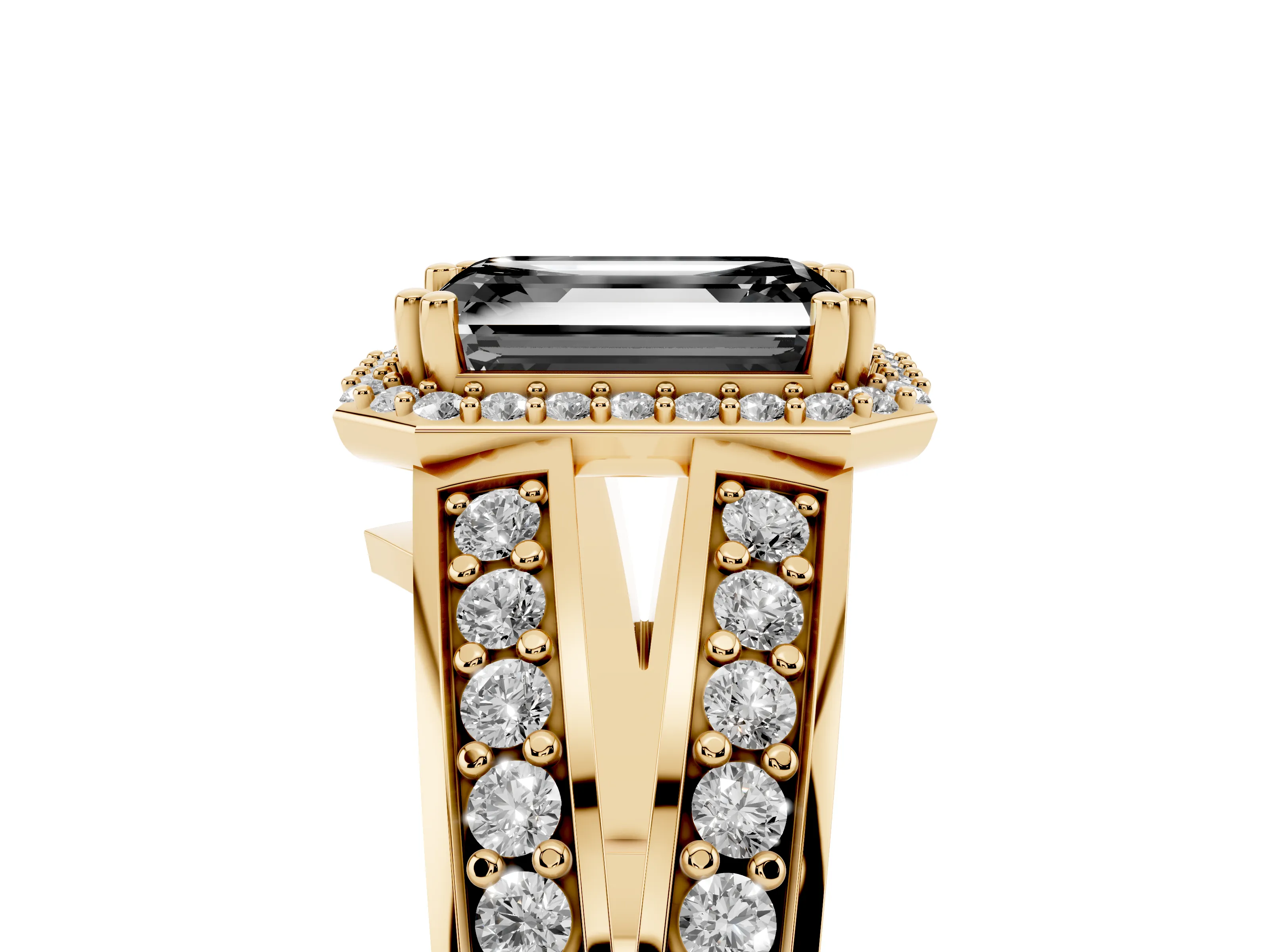 Fancy Black Emerald Cut Diamond Halo Ring Set in Yellow gold with Double Pavé Split Shank