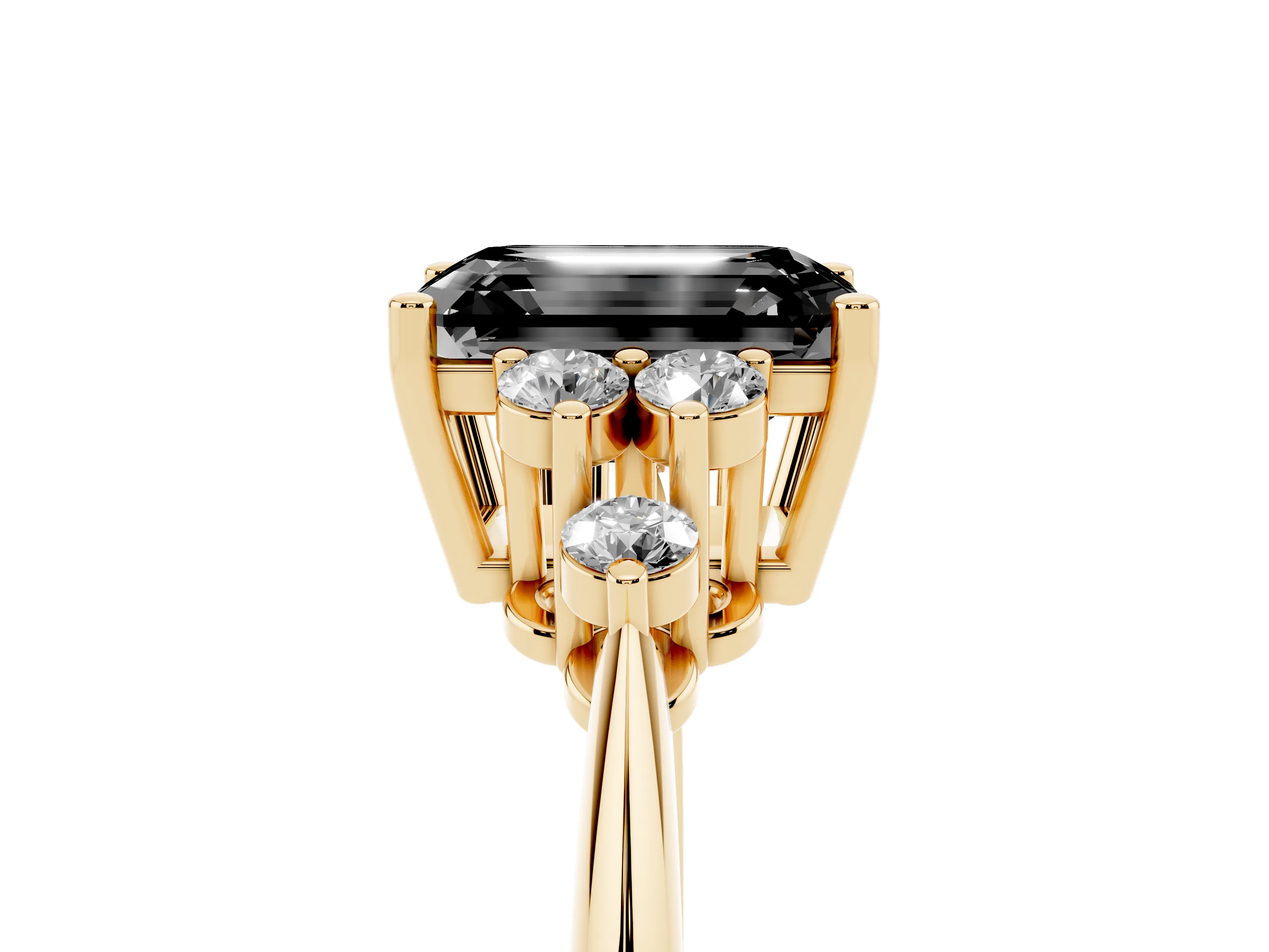 Fancy Black Emerald Cut Diamond Cluster Ring Set in Yellow gold with Plain Band and Prong Setting