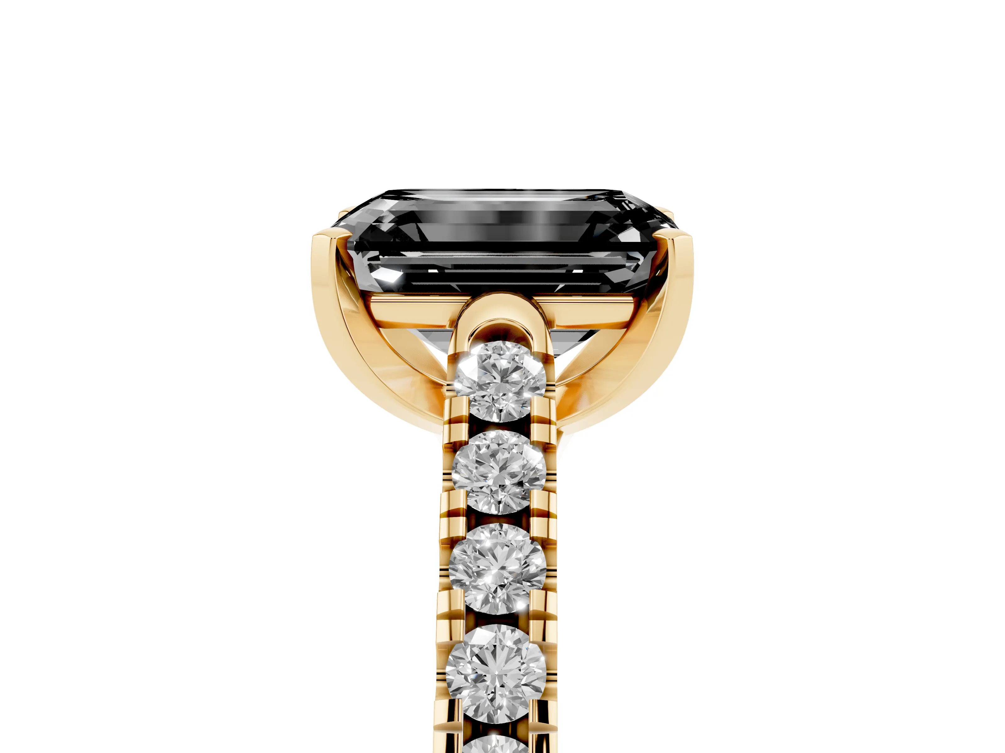 Fancy Black Emerald Cut Diamond Pavé Band Solitaire Ring Set in Yellow gold with Partway Accent Stones and Prong Setting