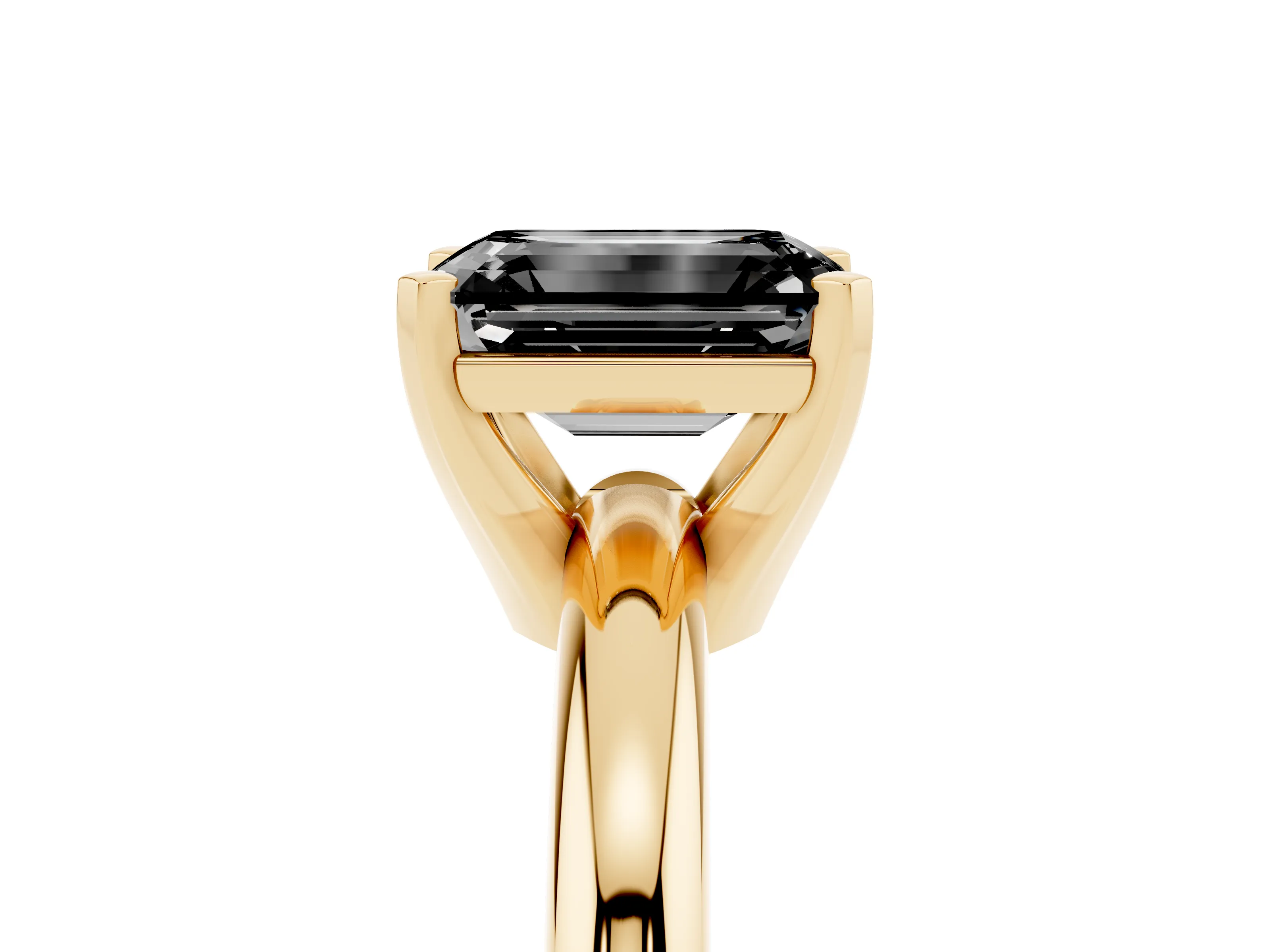 Fancy Black Emerald Cut Diamond Solitaire Engagement Ring Set in Yellow gold with Round Band and Prong Setting