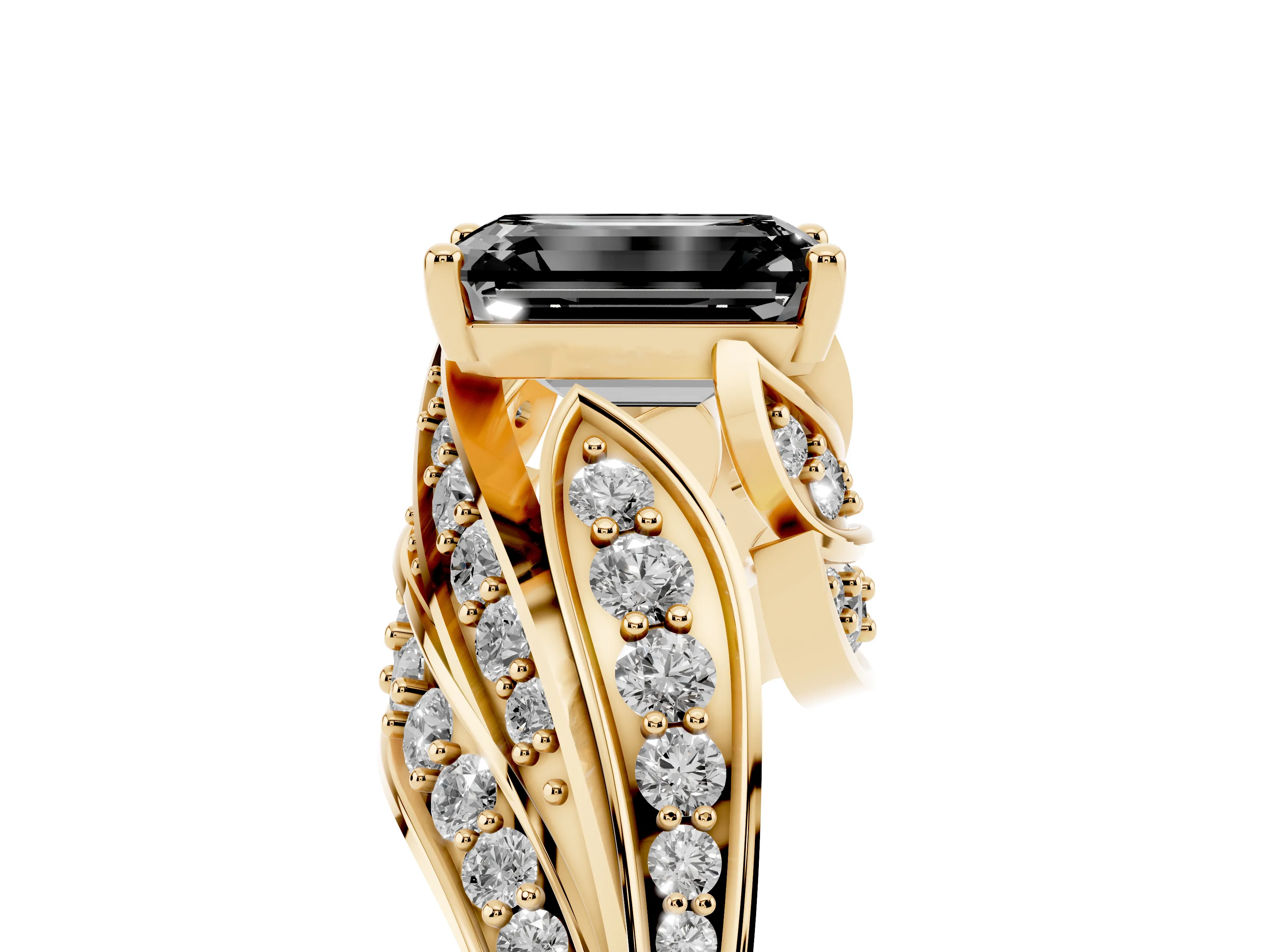 Fancy Black Emerald Cut Diamond Solitaire Ring Set in Yellow gold with Layered Twist Pavé Band