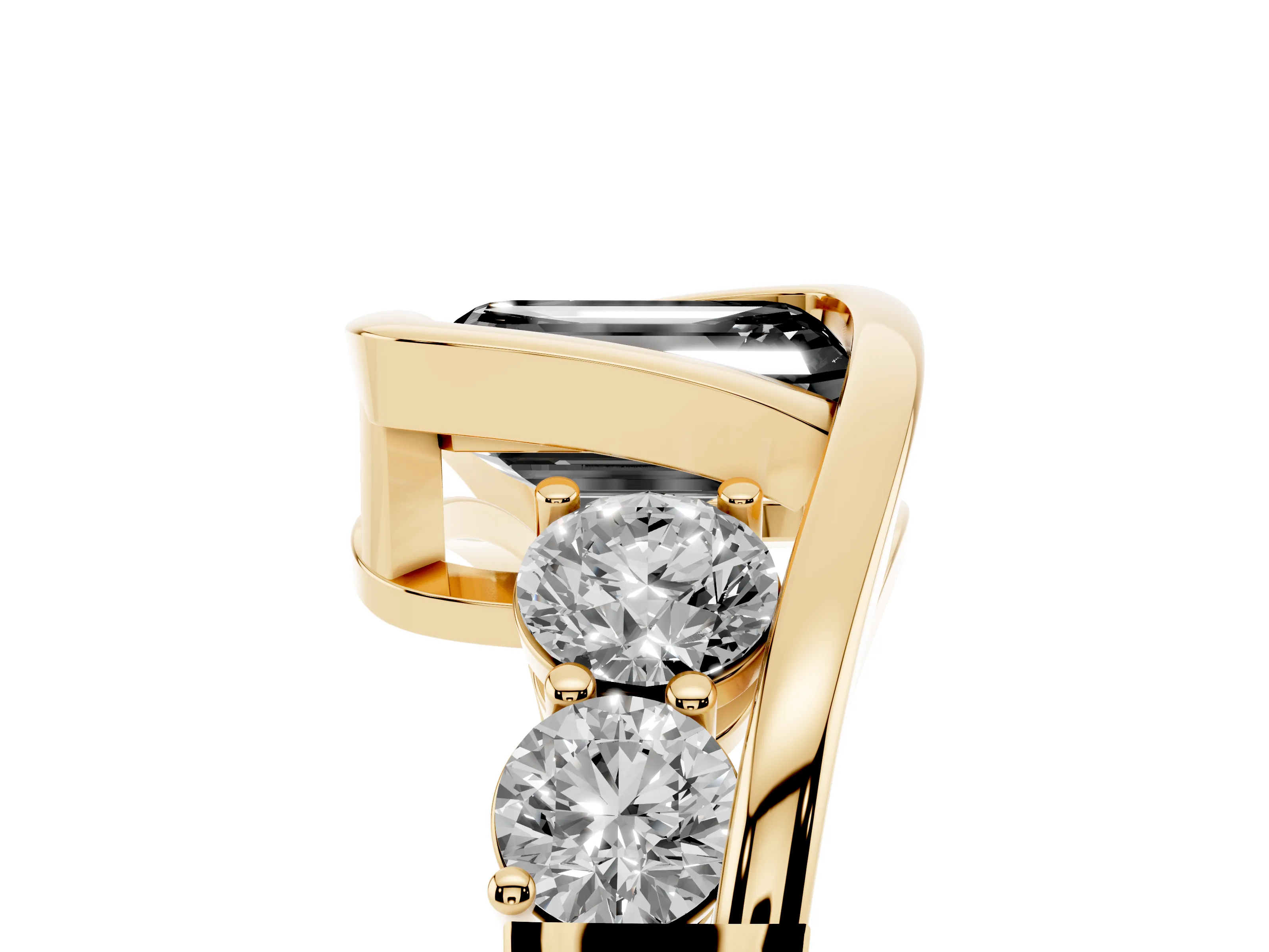 Fancy Black Emerald Cut Diamond Bezel Bypass Ring Set in Yellow gold with Round Accents