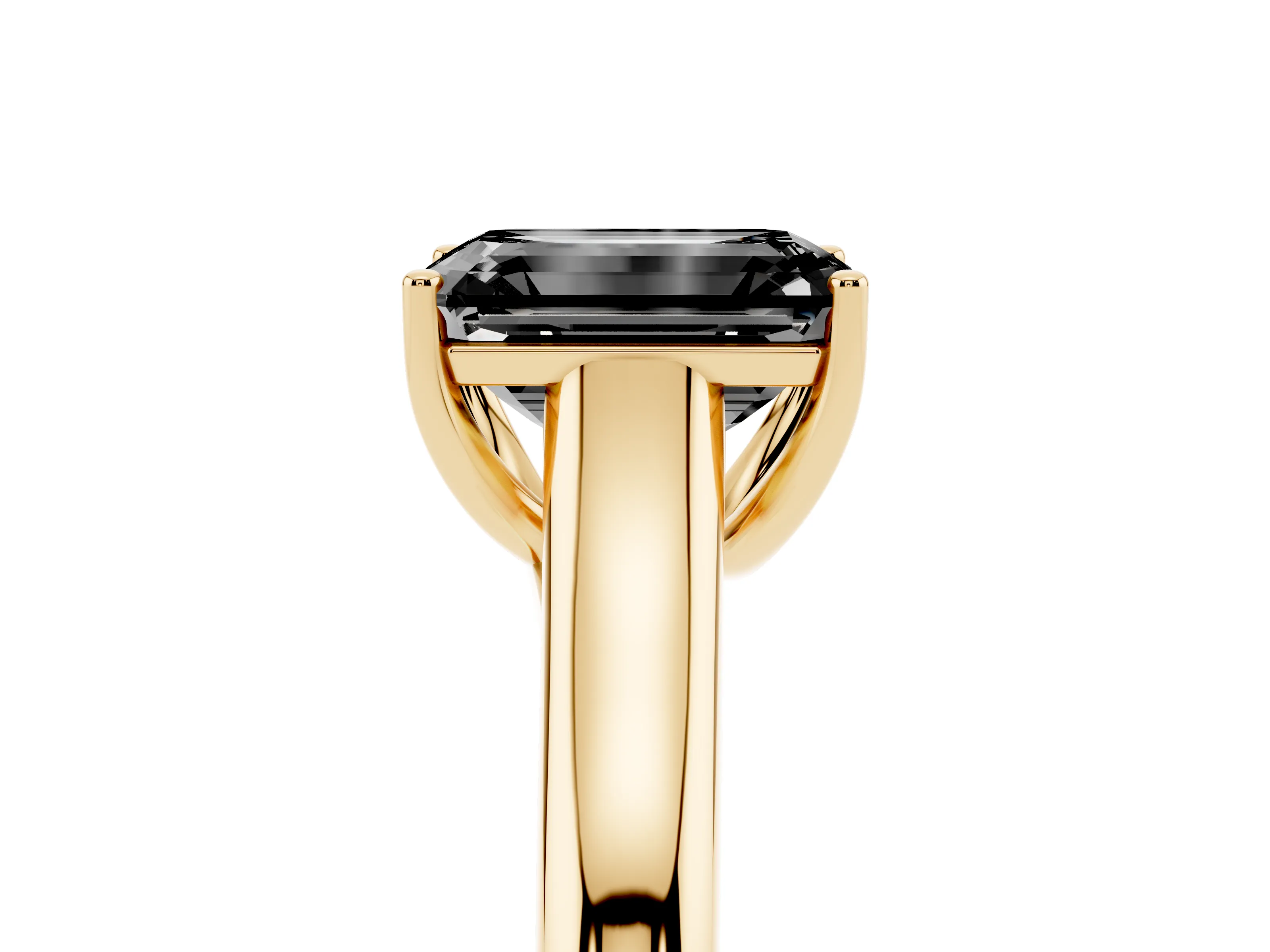 Fancy Black Emerald Cut Diamond Solitaire Engagement Ring Set in Yellow gold with Subtly Tapered Band and Prong Setting