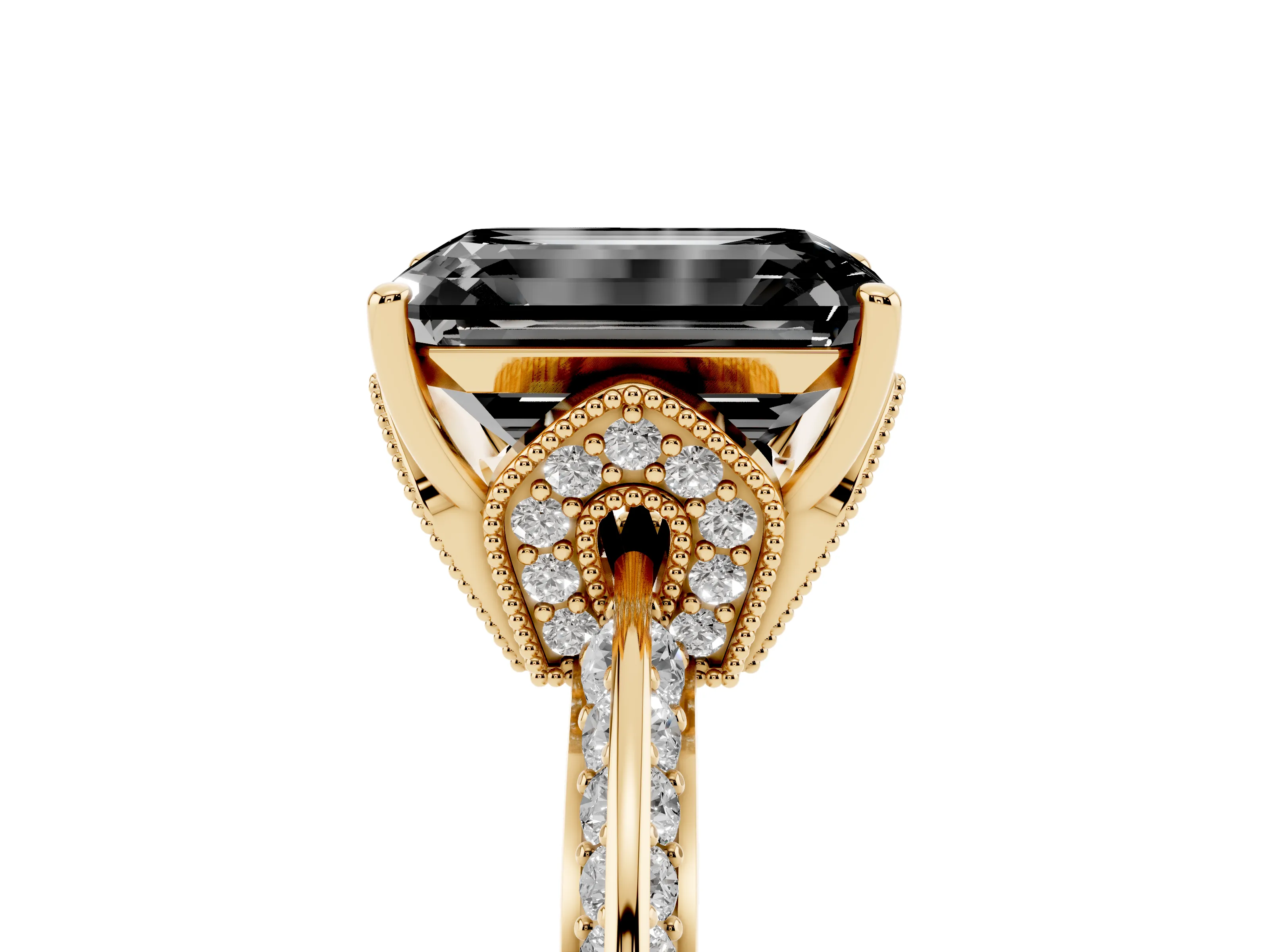 Fancy Black Emerald Cut Diamond Solitaire Engagement Ring Set in Yellow gold with Pavé Split Shank and Prong Setting