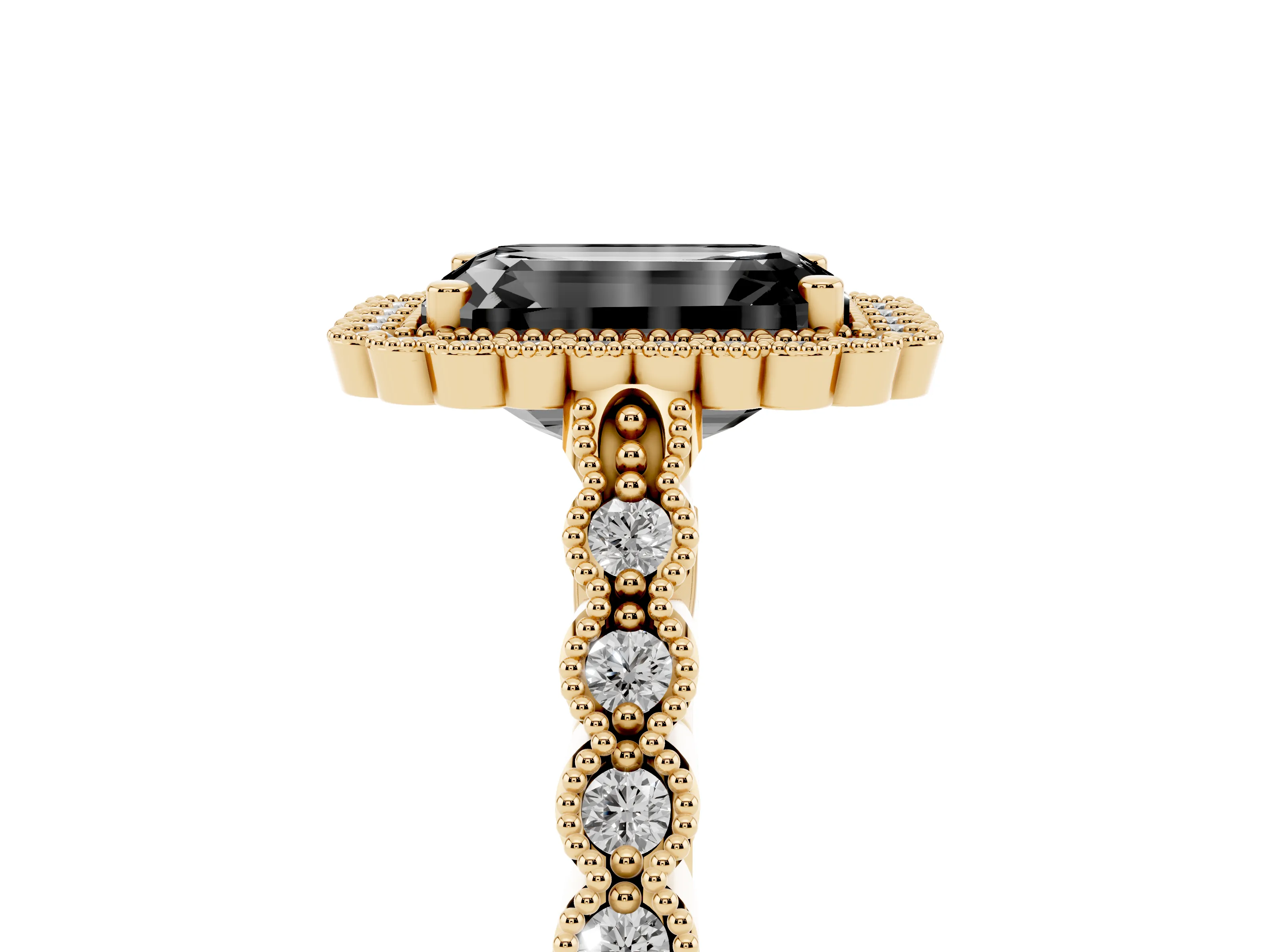 Fancy Black Emerald Cut Diamond Halo Ring Set in Yellow gold with Pavé Milgrain Band