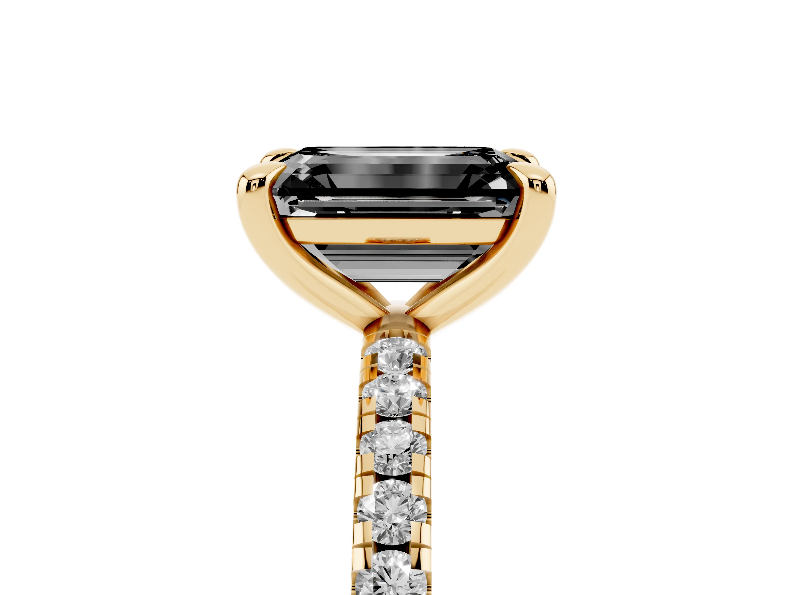 Fancy Black Emerald Cut Diamond Brilliant Solitaire Ring Set in Yellow gold with Pavé Band and Prong Setting
