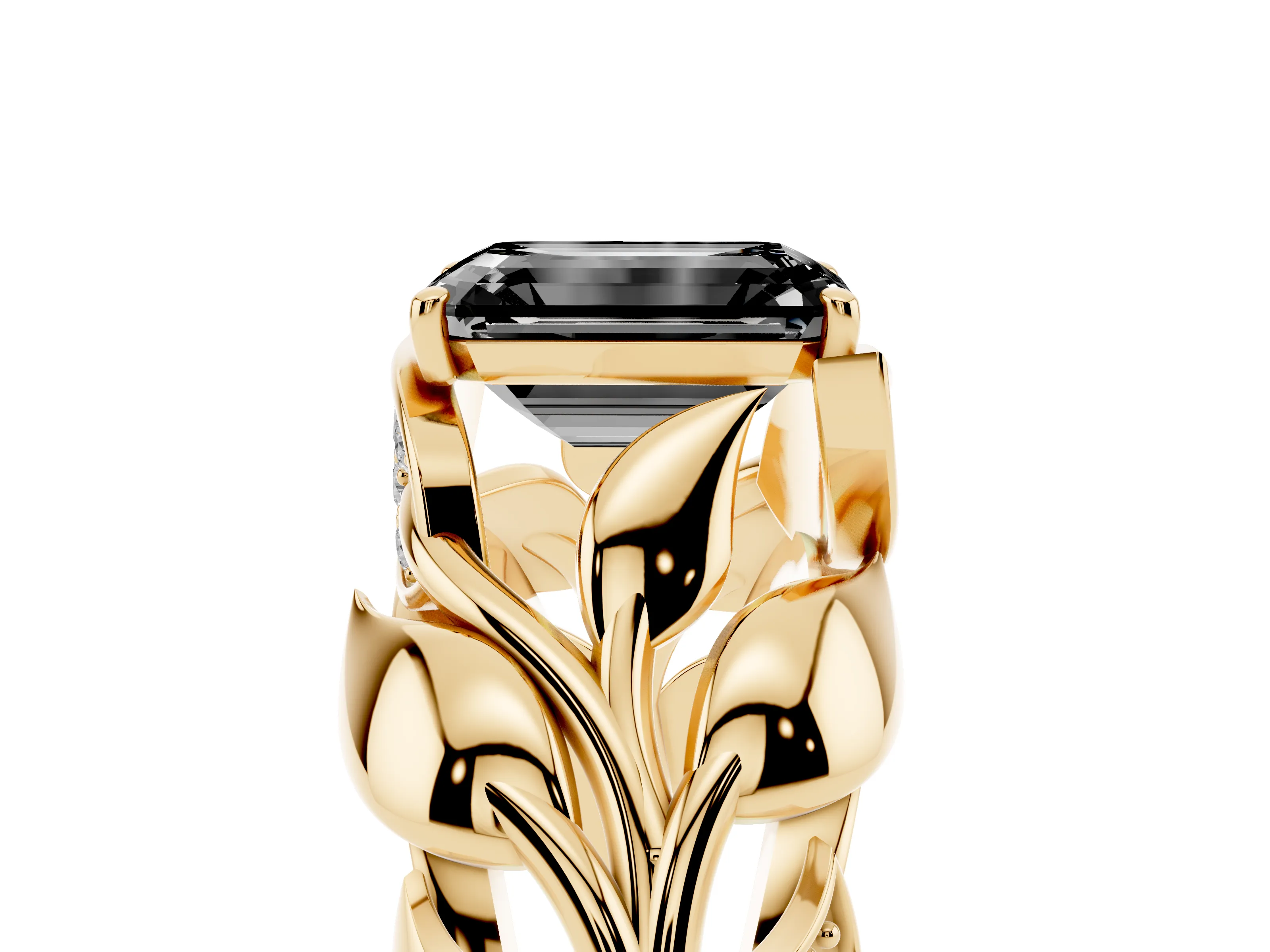 Fancy Black Emerald Cut Diamond Leaf-Inspired Engagement Ring Set in Yellow gold with Round Accents