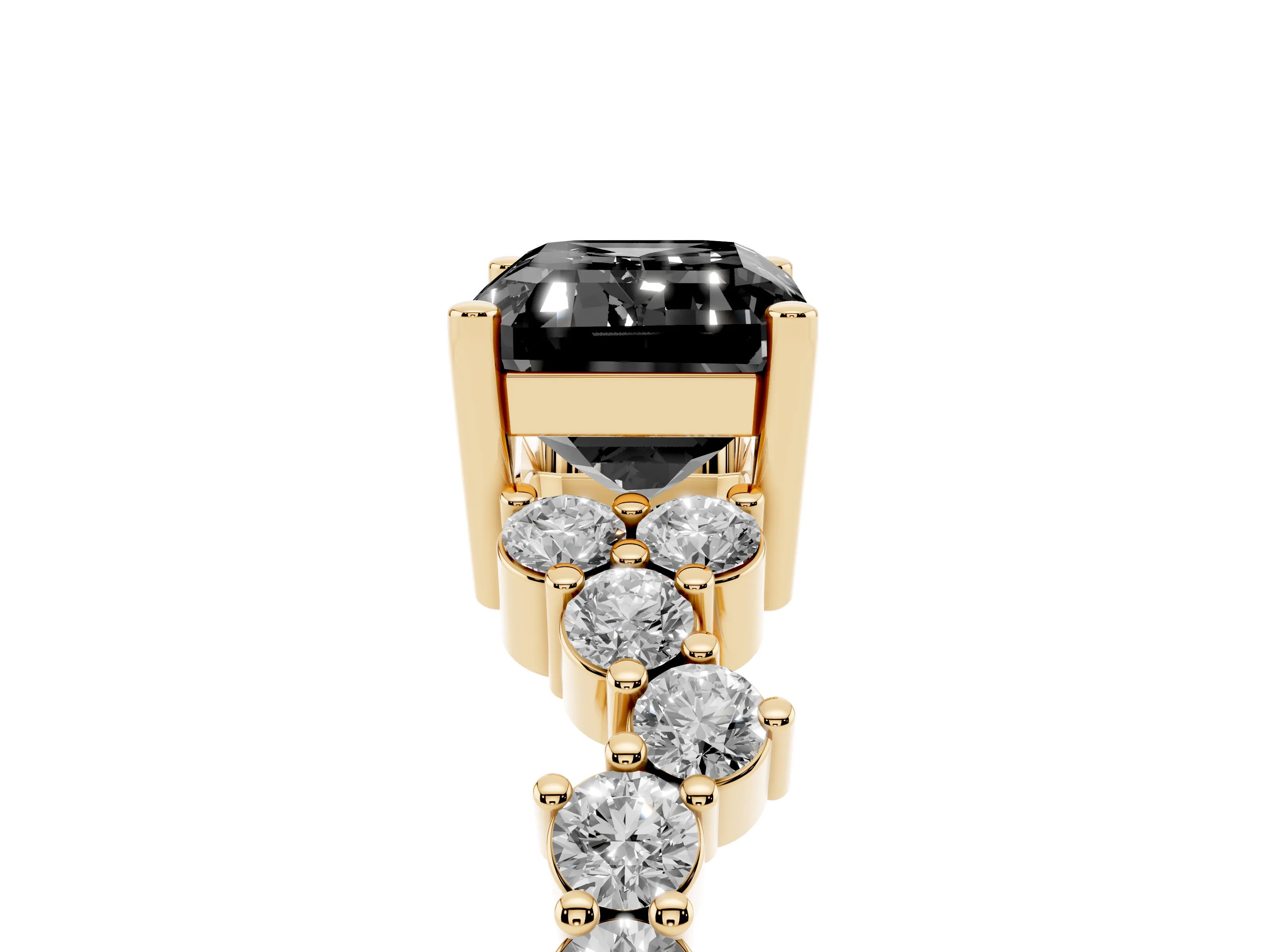 Fancy Black Emerald Cut Diamond Ring Set in Yellow gold with Scattered Round Accents