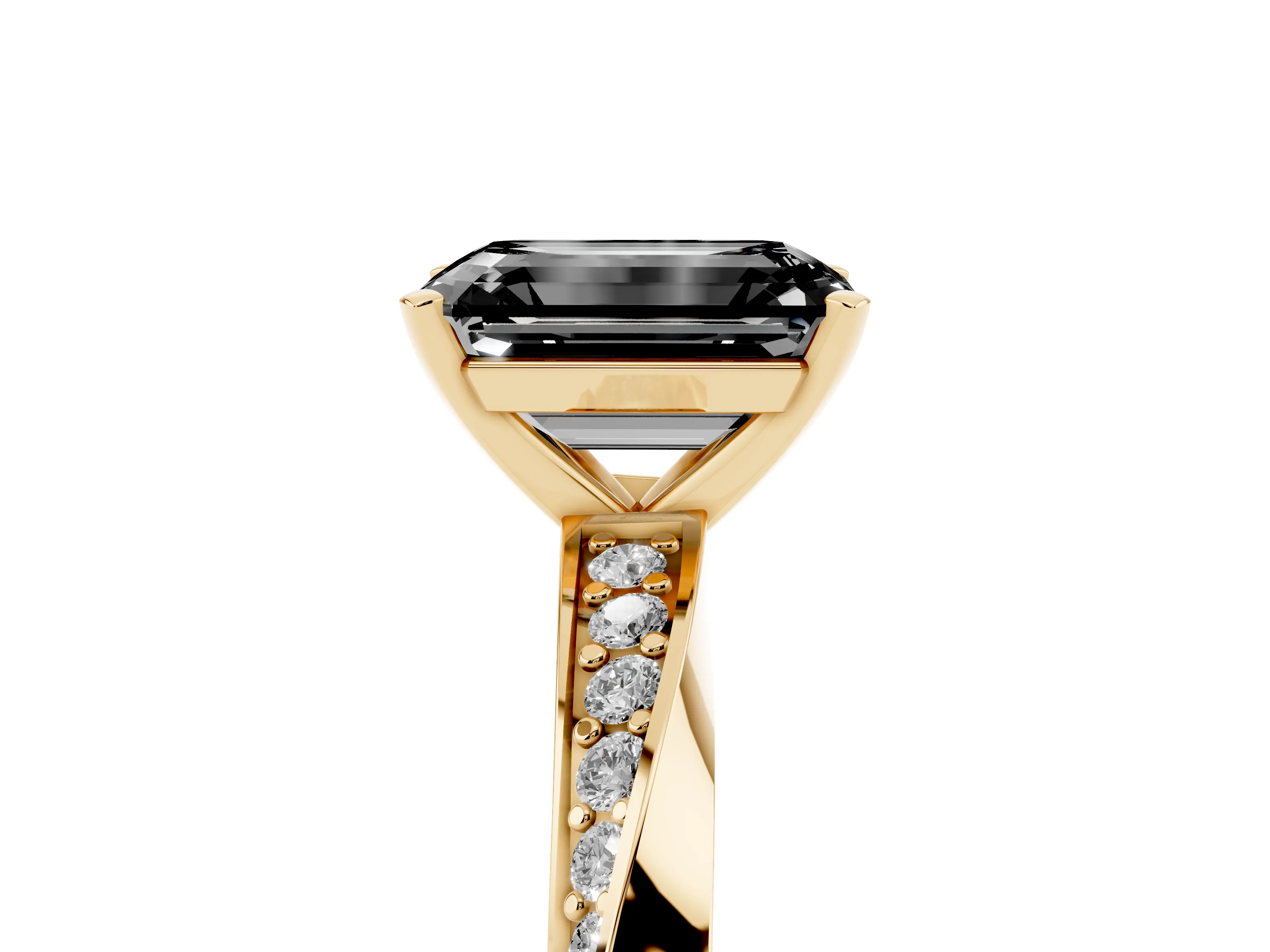 Fancy Black Emerald Cut Diamond Engagement Ring Set in Yellow gold with Side Stone Accents and Prong Setting