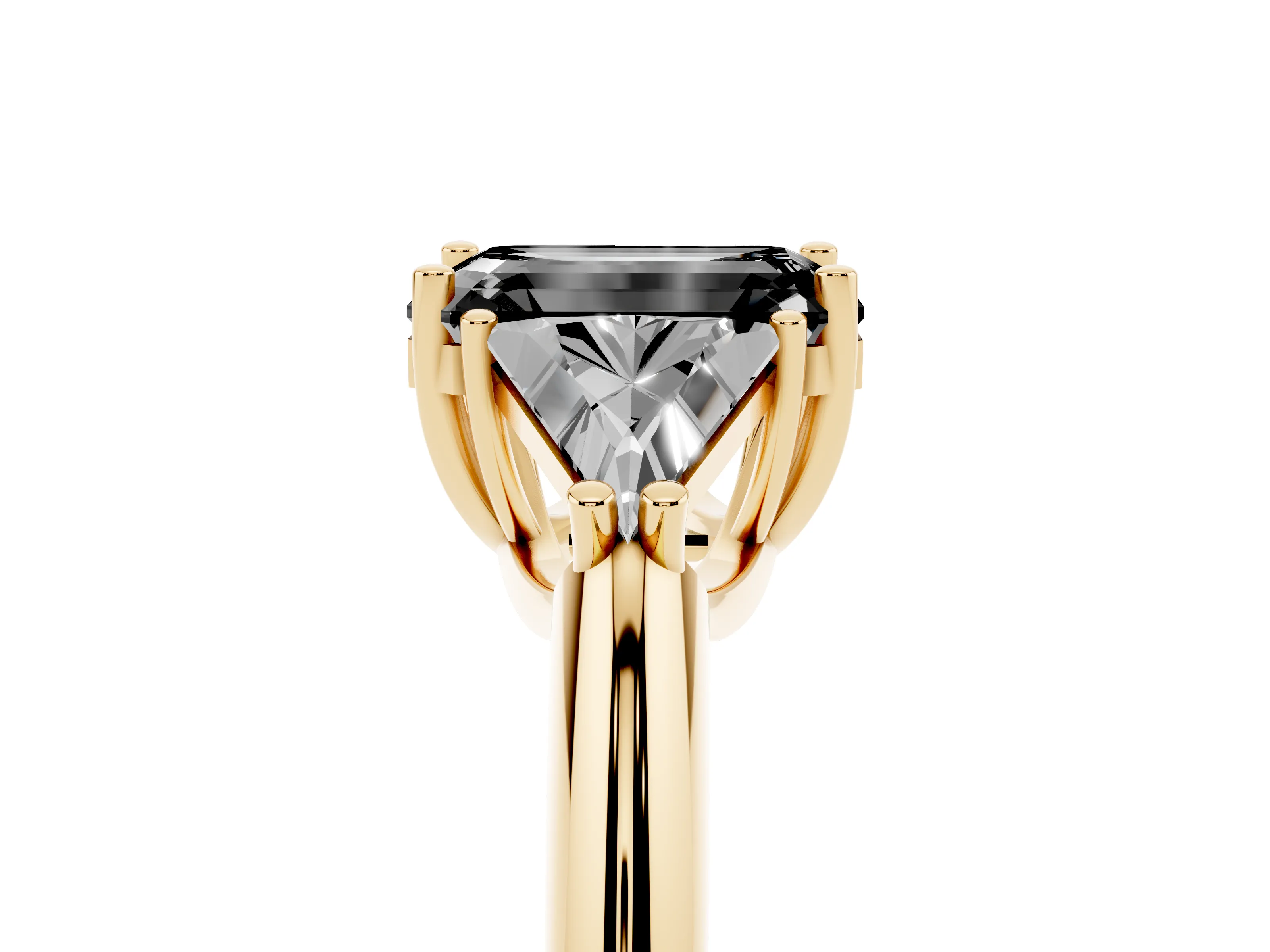 Fancy Black Emerald Cut Diamond Three-Stone Engagement Ring Set in Yellow gold with Trillion Side Stones