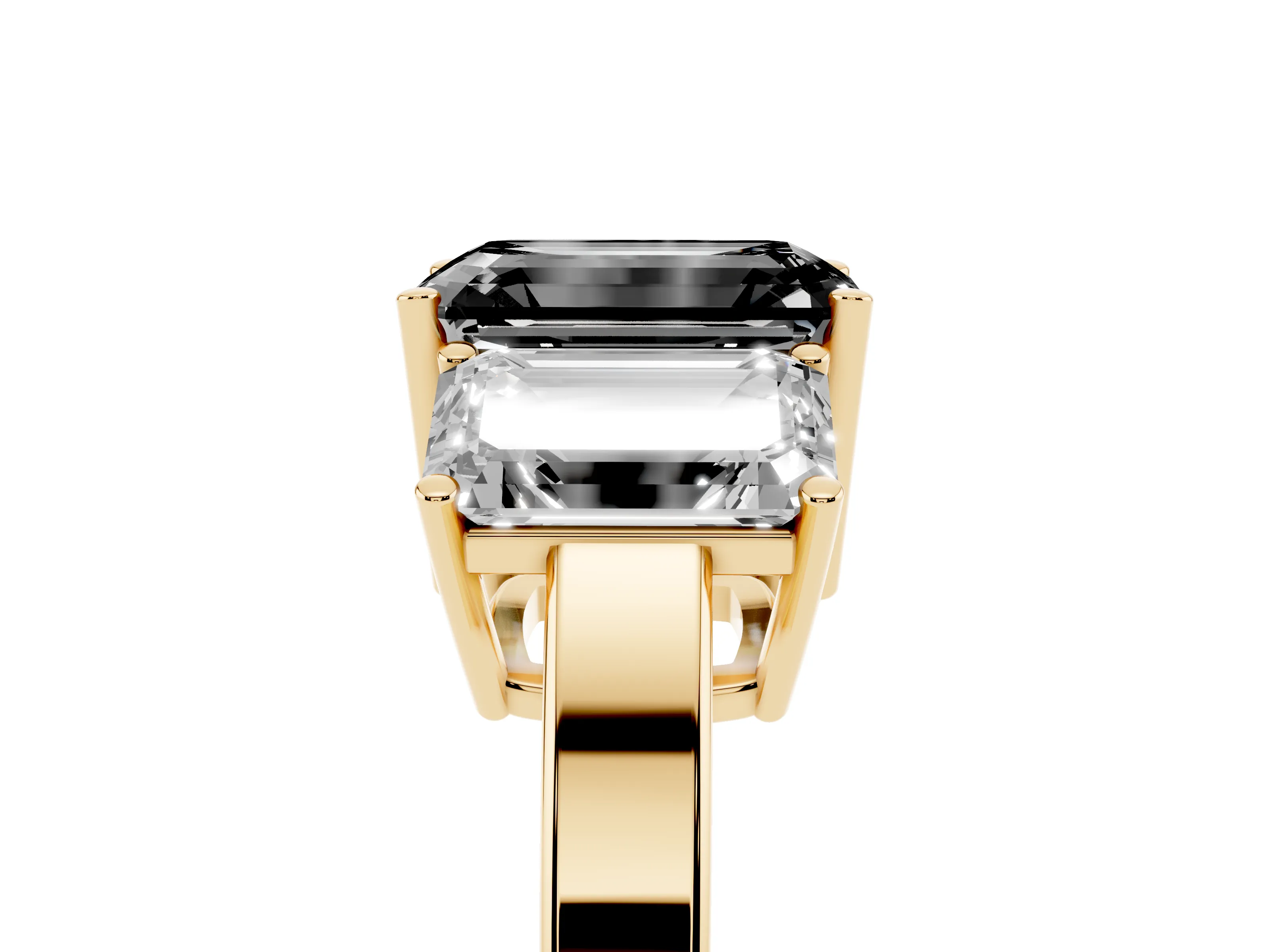 Fancy Black Emerald Cut Diamond Three-Stone Engagement Ring Set in Yellow gold with Flat Band