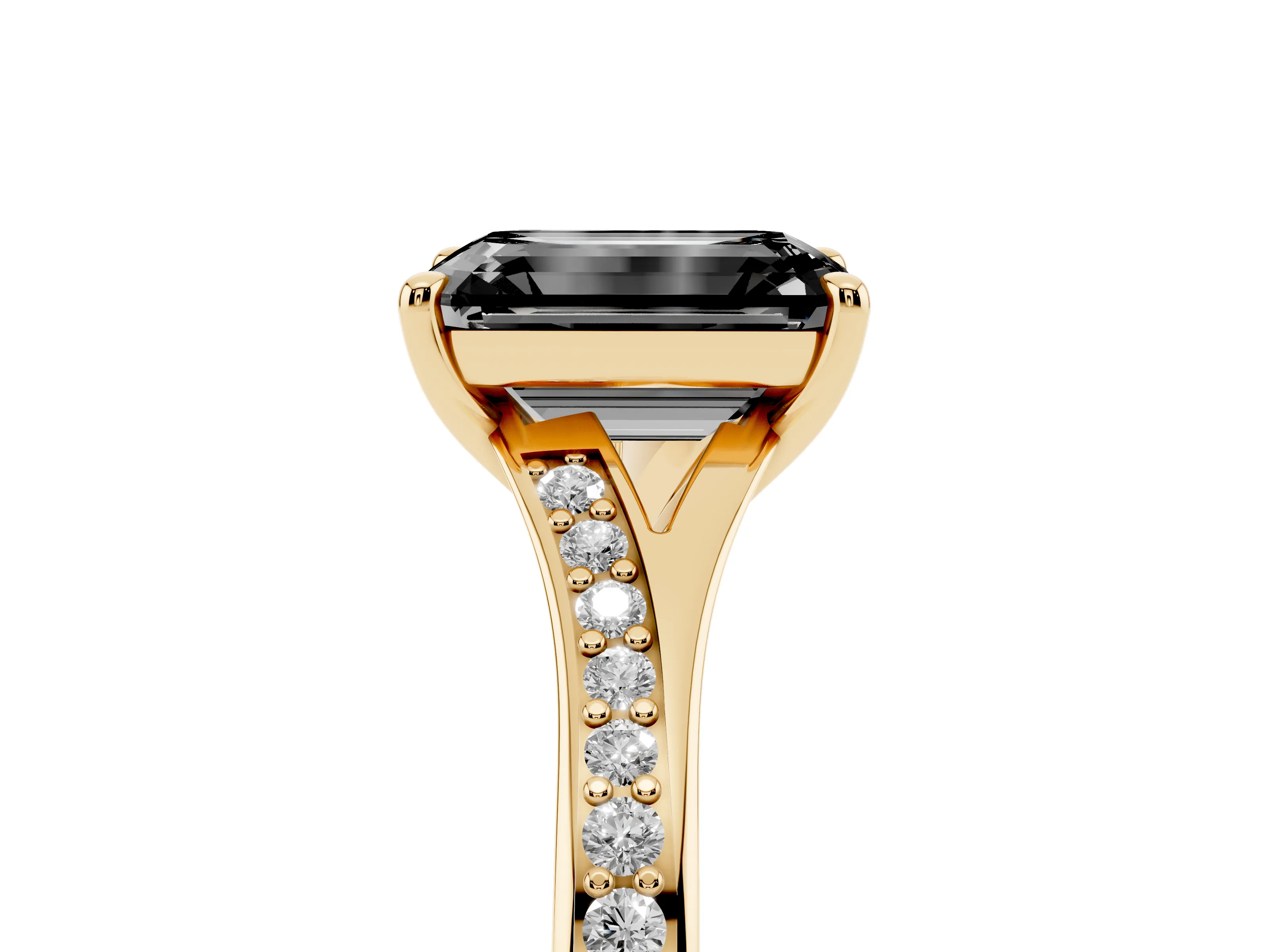 Fancy Black Emerald Cut Diamond Solitaire Ring Set in Yellow gold with Pavé Accent Band and Classic Prong Setting
