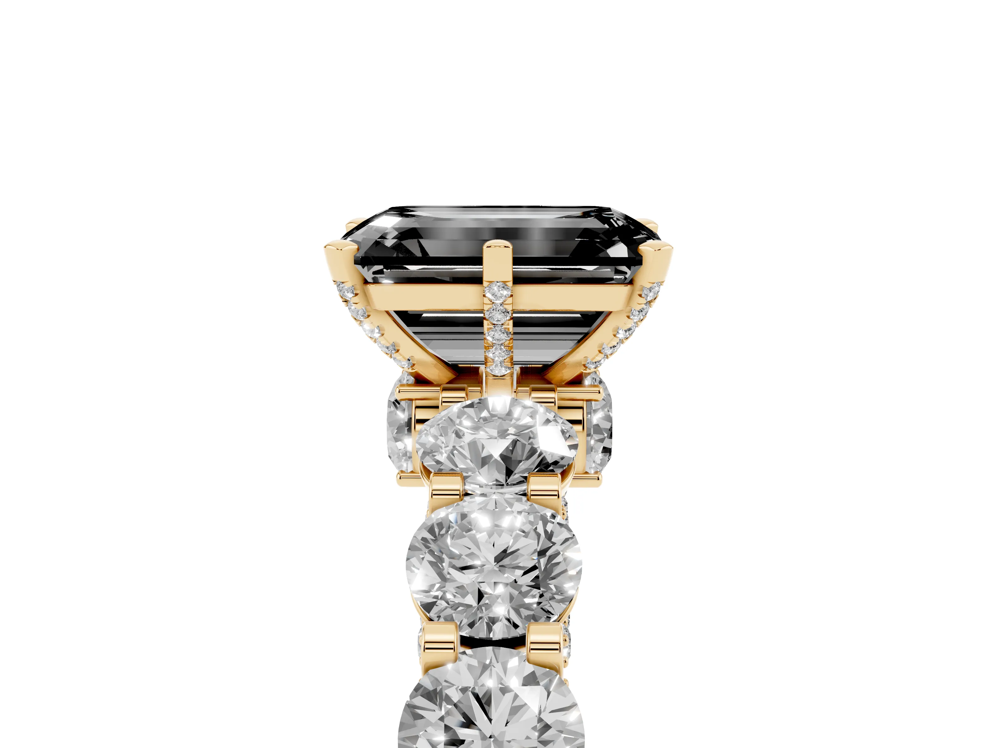 Fancy Black Emerald Cut Diamond Side Stone Ring Set in Yellow gold with Alternating Round and Oval Side Stones