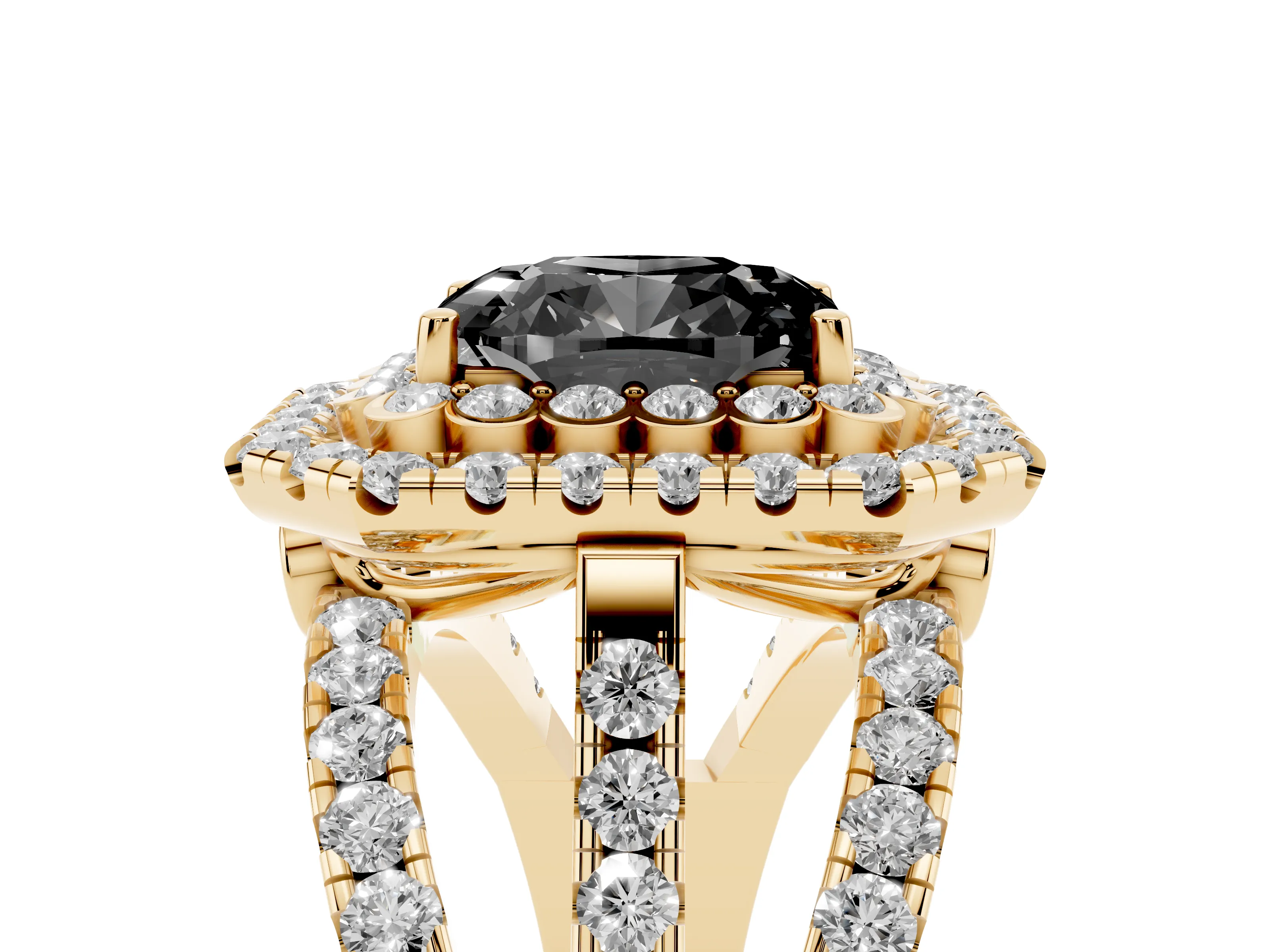 Fancy Black Emerald Cut Diamond Double Halo Ring Set in Yellow gold with Round Pavé Split Shank