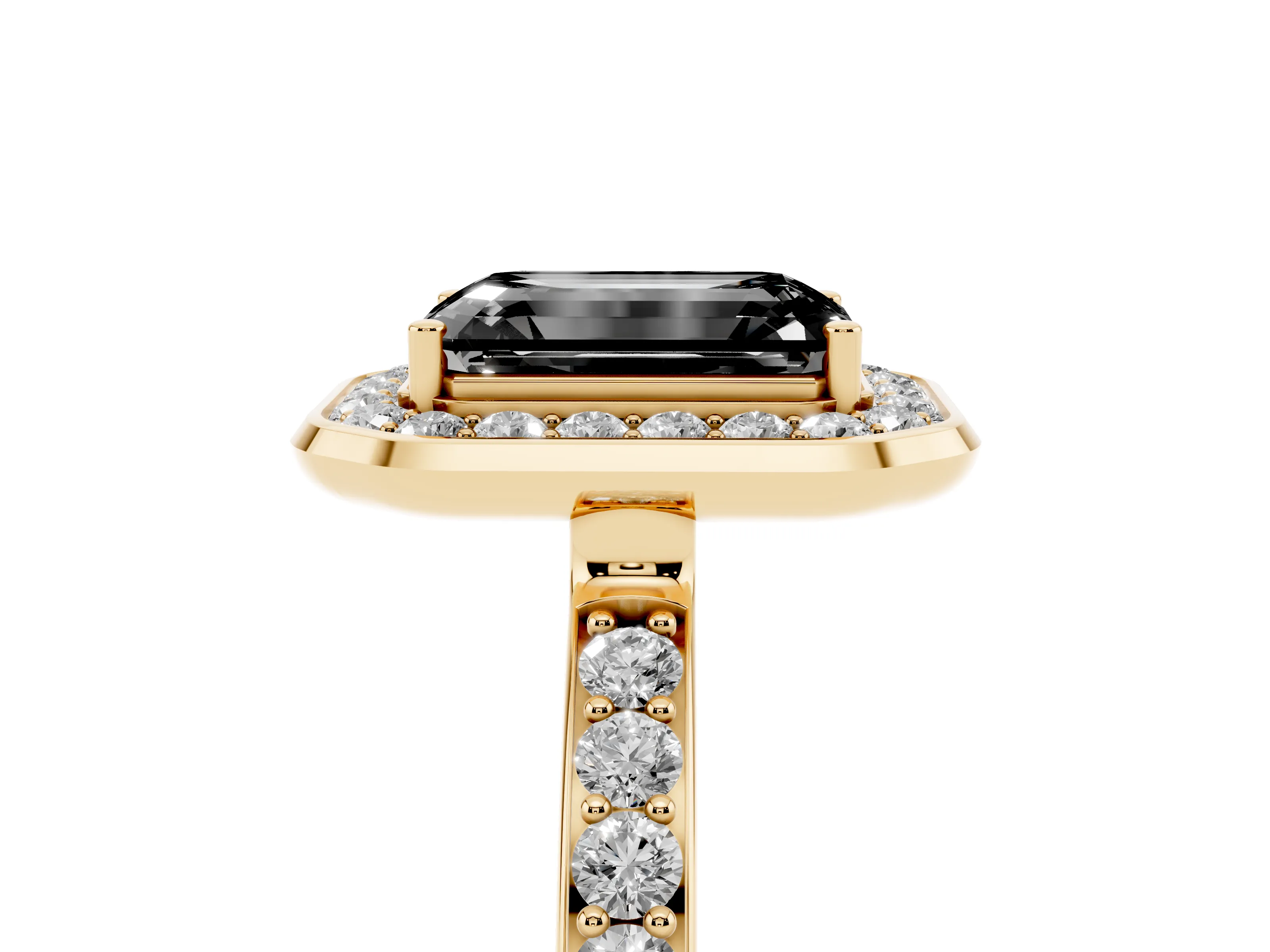 Fancy Black Emerald Cut Diamond Halo Ring Set in Yellow gold with Bezel Frame and Pavé Band