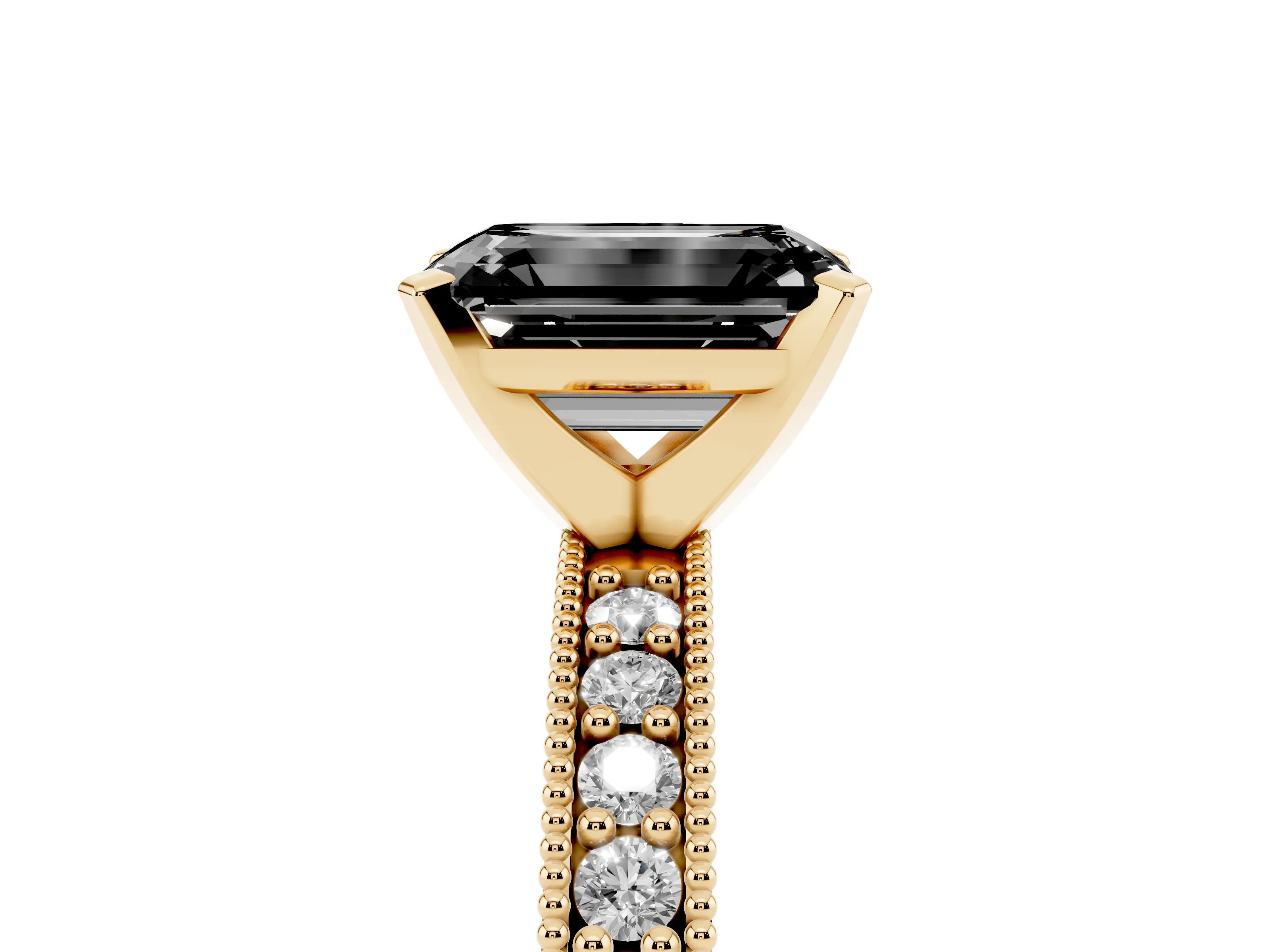 Fancy Black Emerald Cut Diamond Milgrain Pavé Engagement Ring Set in Yellow gold with Prong Setting