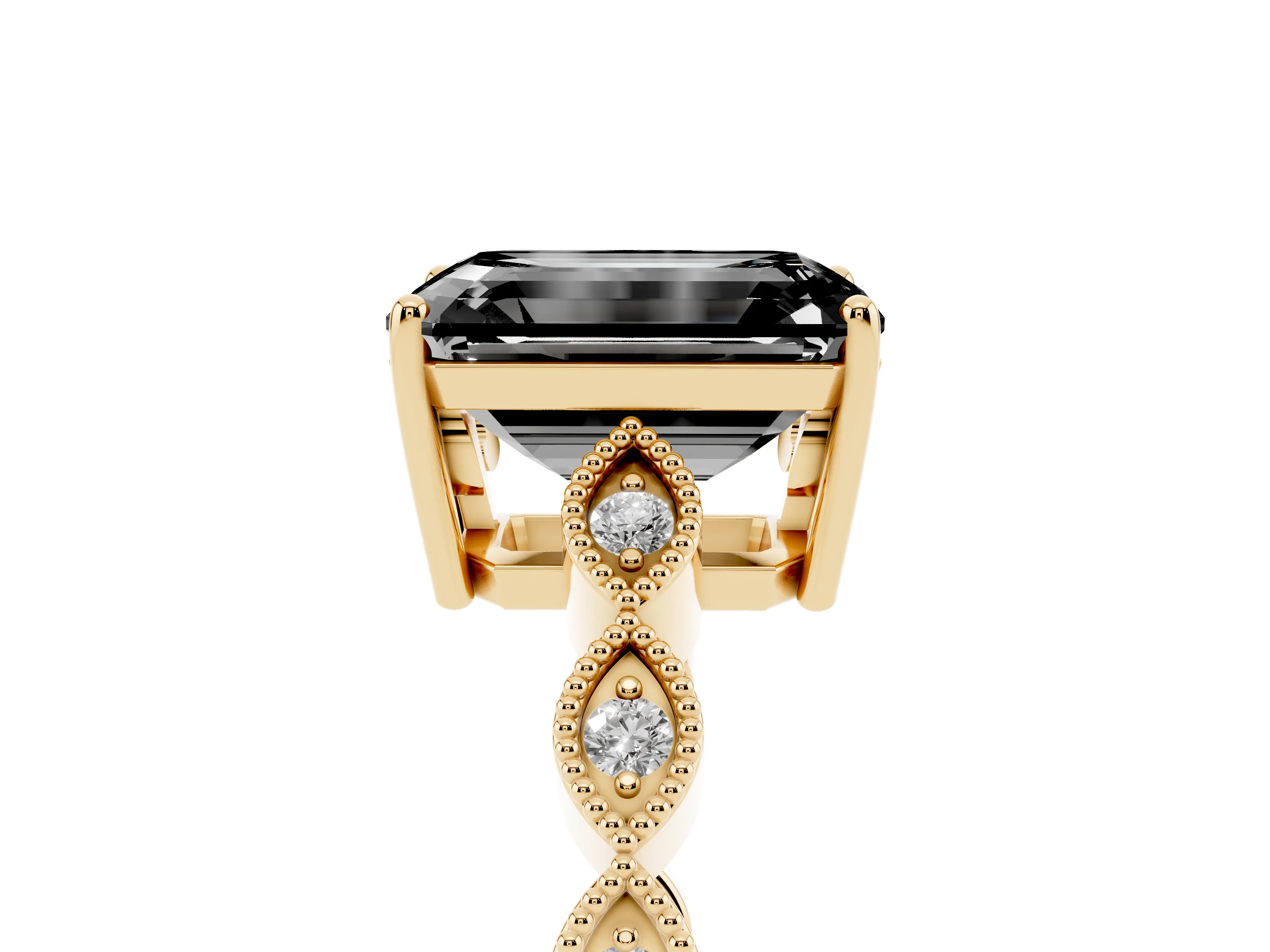 Fancy Black Emerald Cut Diamond Solitaire Ring Set in Yellow gold with Infinity Twist Pavé Band