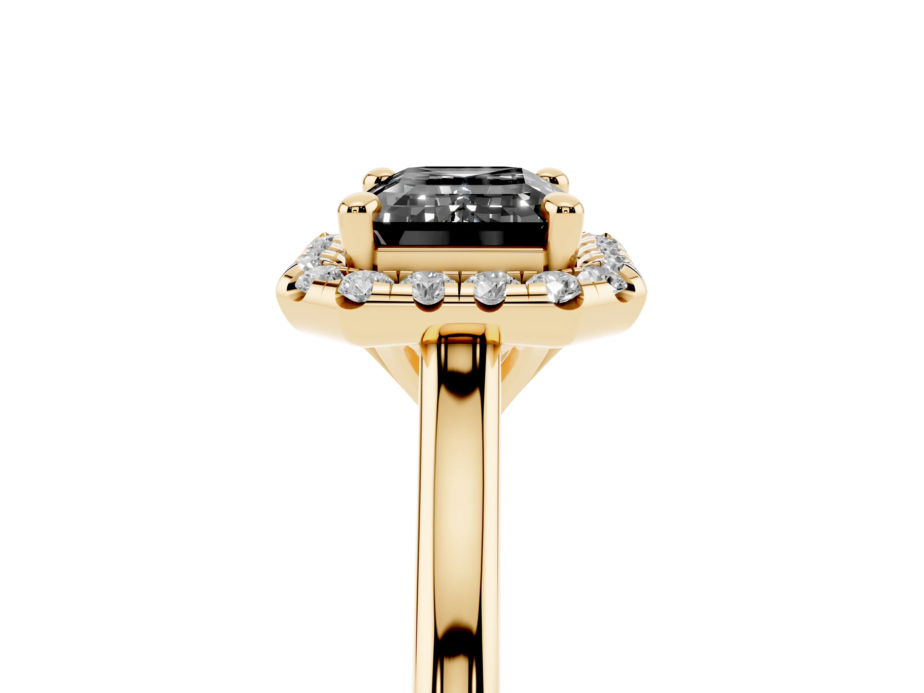 Fancy Black Emerald Cut Diamond Halo Engagement Ring Set in Yellow gold with Pavé Band and Rising Shoulders