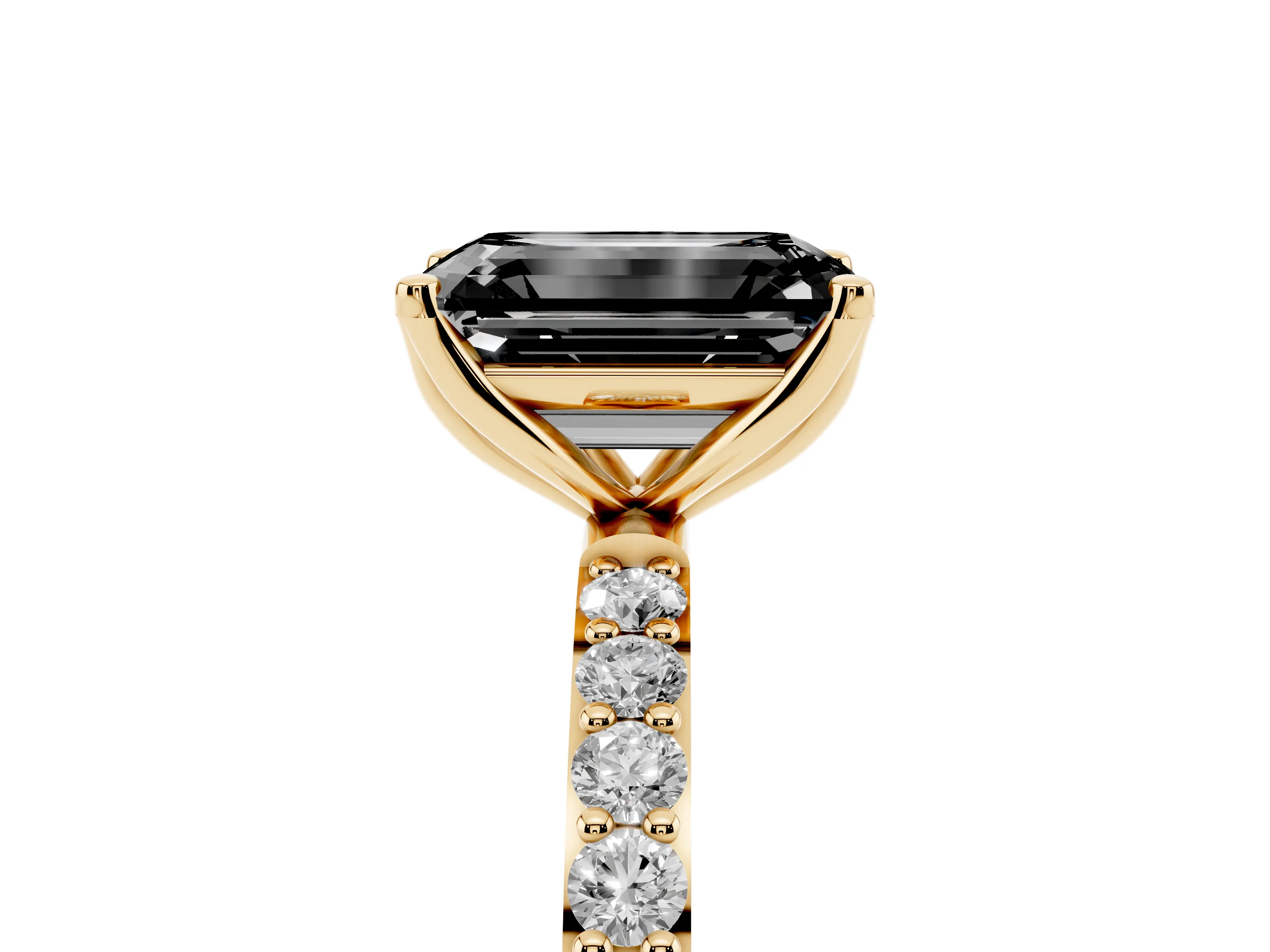 Fancy Black Emerald Cut Diamond Solitaire Engagement Ring Set in Yellow gold with Round Pavé Band and Prong Setting