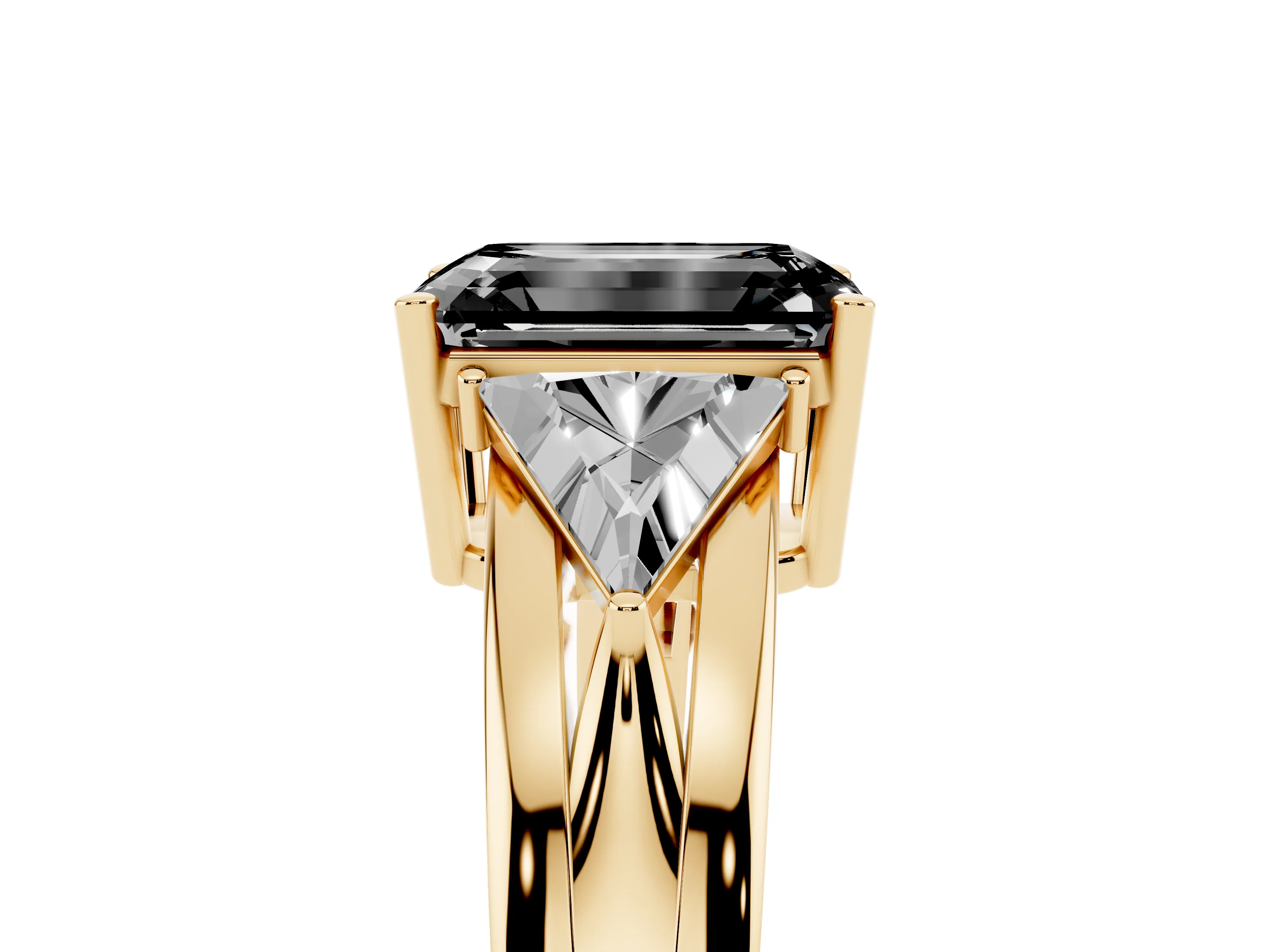 Fancy Black Emerald Cut Diamond Three-Stone Ring Set in Yellow gold with Trillion Side Stones and Split Shank