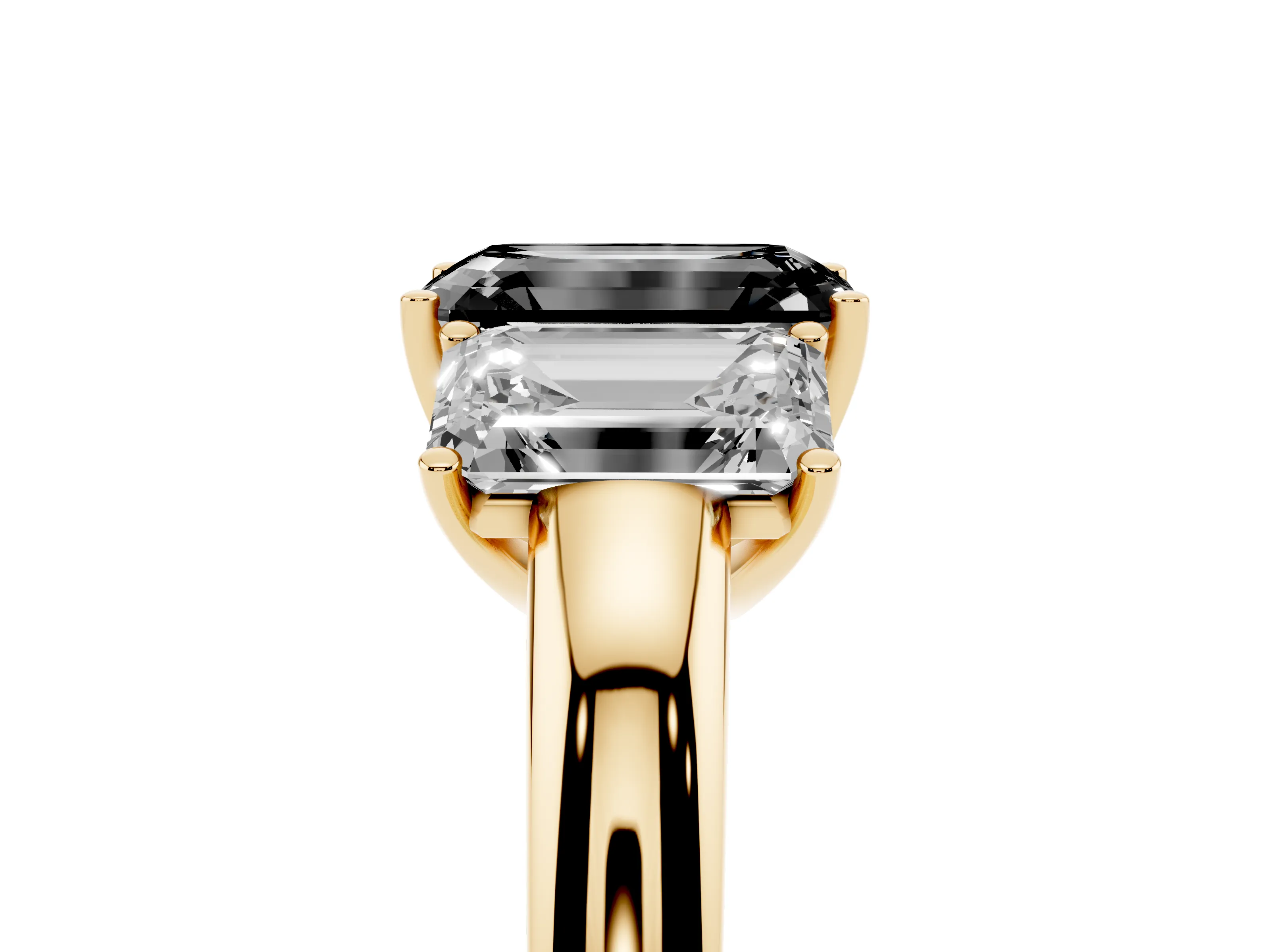 Fancy Black Emerald Cut Diamond Three-Stone Ring Set in Yellow gold with Bold Center and Classic Band
