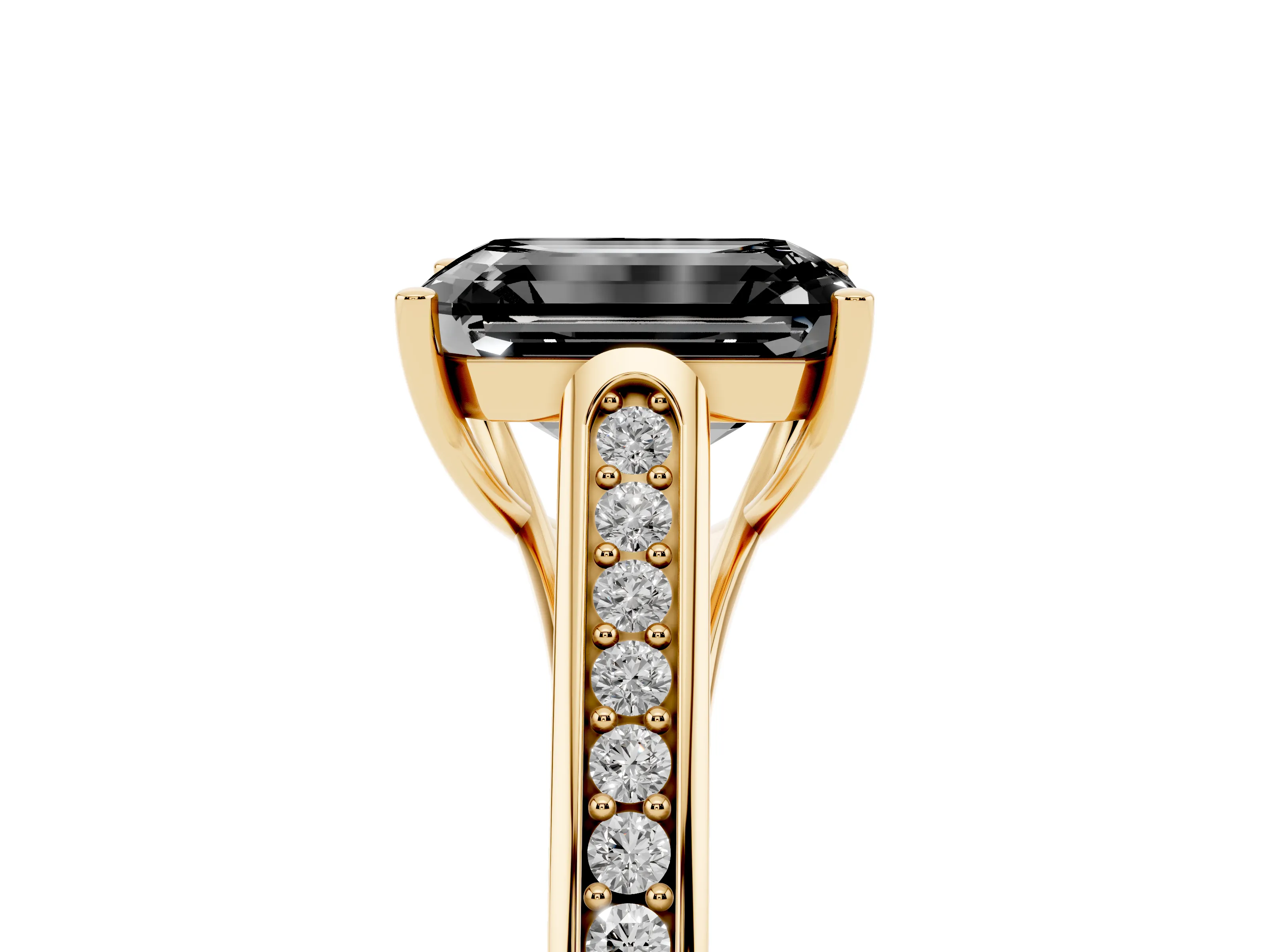 Fancy Black Emerald Cut Diamond Solitaire Cathedral Engagement Ring Set in Yellow gold with Channel-Set Band and Prong Setting