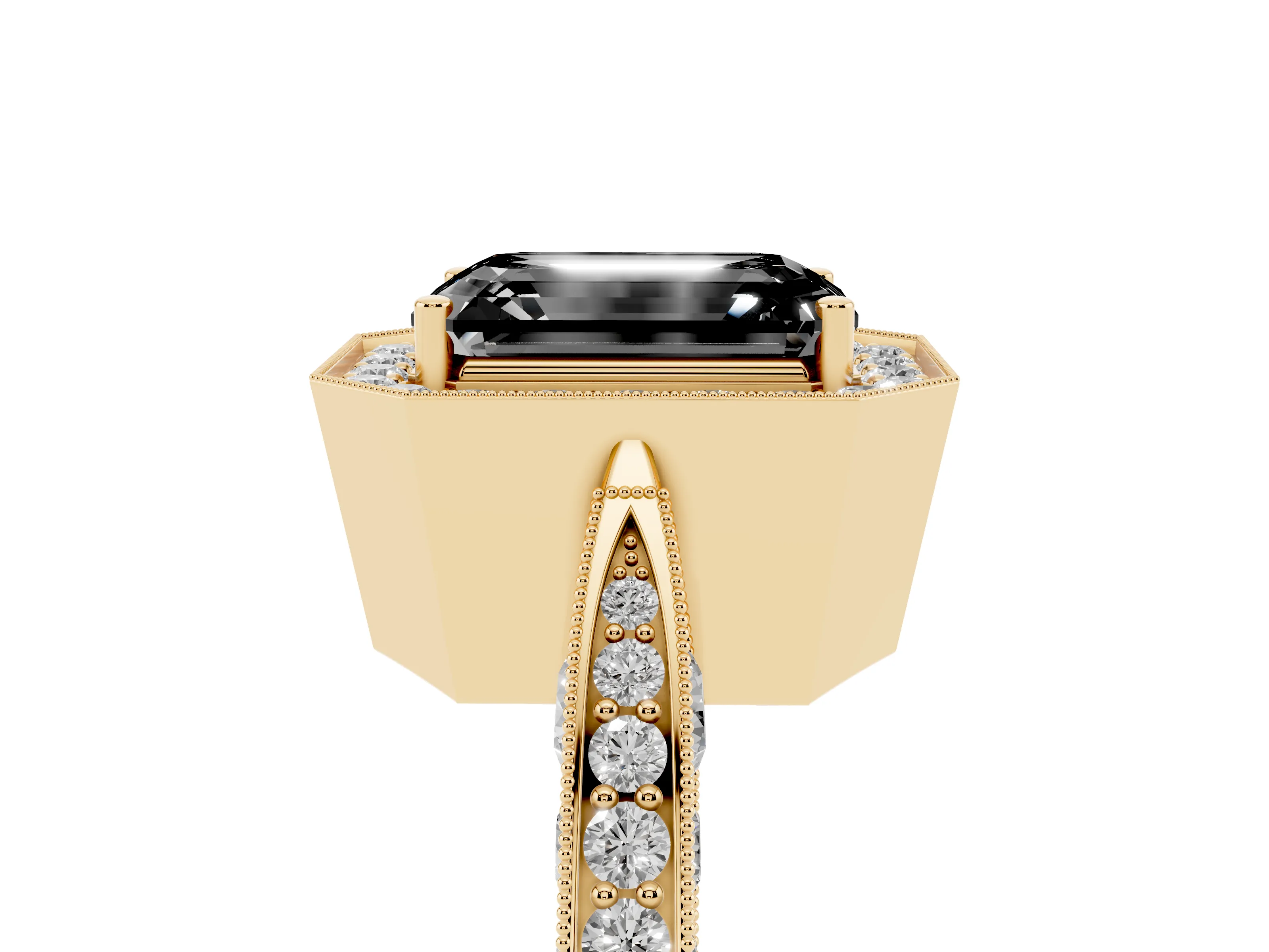 Fancy Black Emerald Cut Diamond Halo Engagement Ring Set in Yellow gold with Accent Split Shank Band