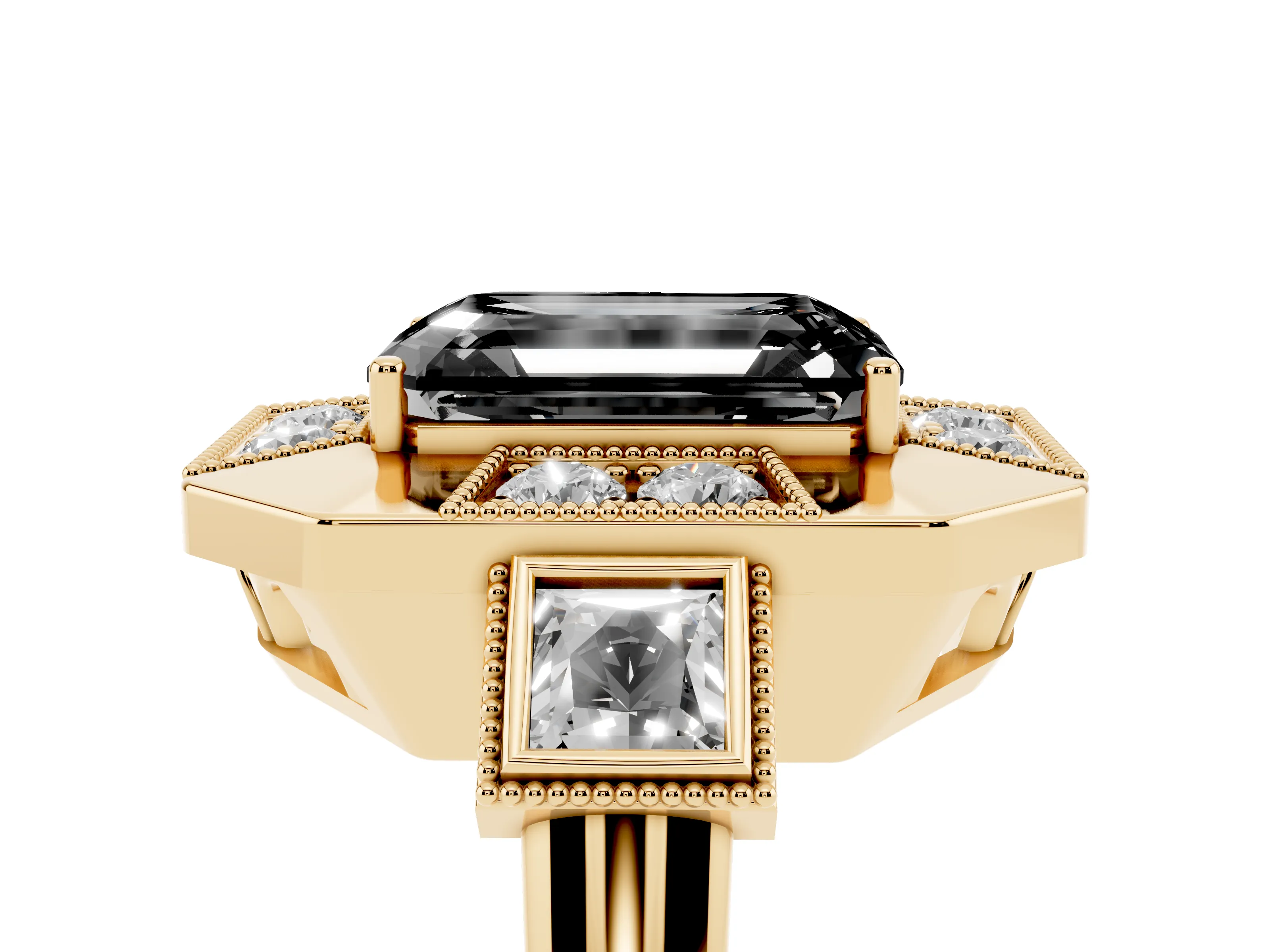 Fancy Black Emerald Cut Diamond Milgrain Halo Ring Set in Yellow gold with Split Shank