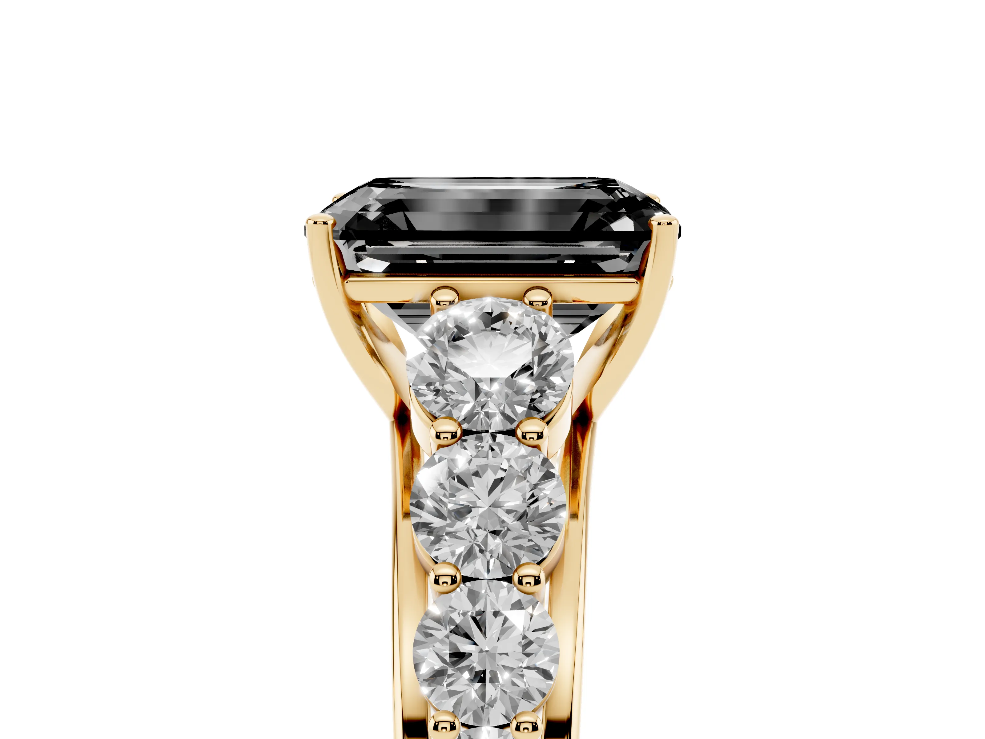Fancy Black Emerald Cut Diamond Solitaire Ring Set in Yellow gold with Pavé-Set Band and Prong Setting