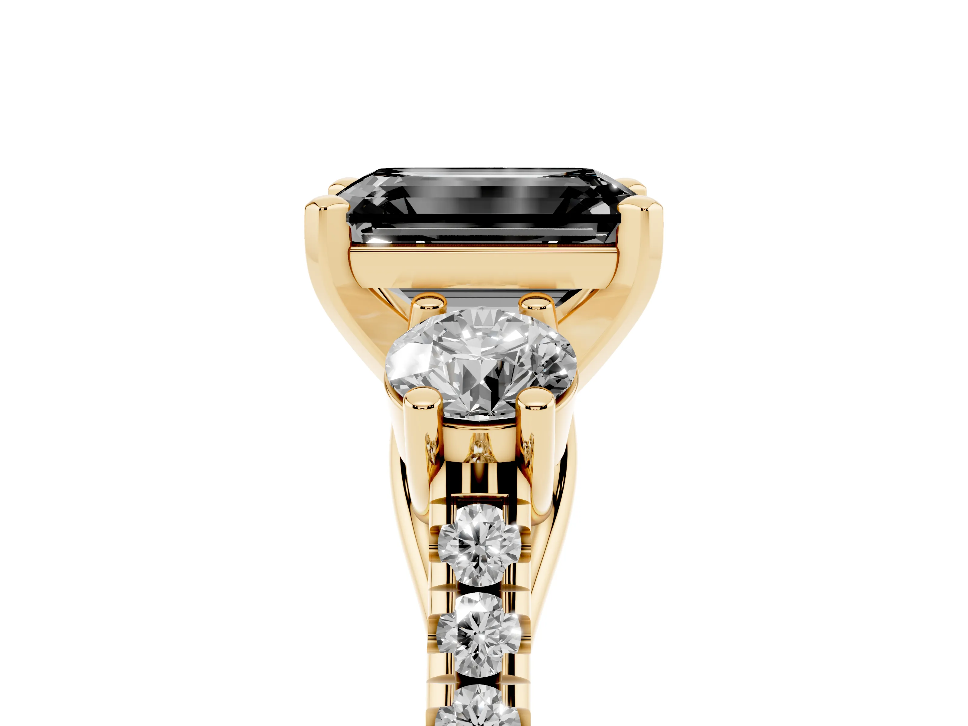 Fancy Black Three-Stone Emerald Cut Diamond Pavé Band Ring Set in Yellow gold with Prong-Set Trio