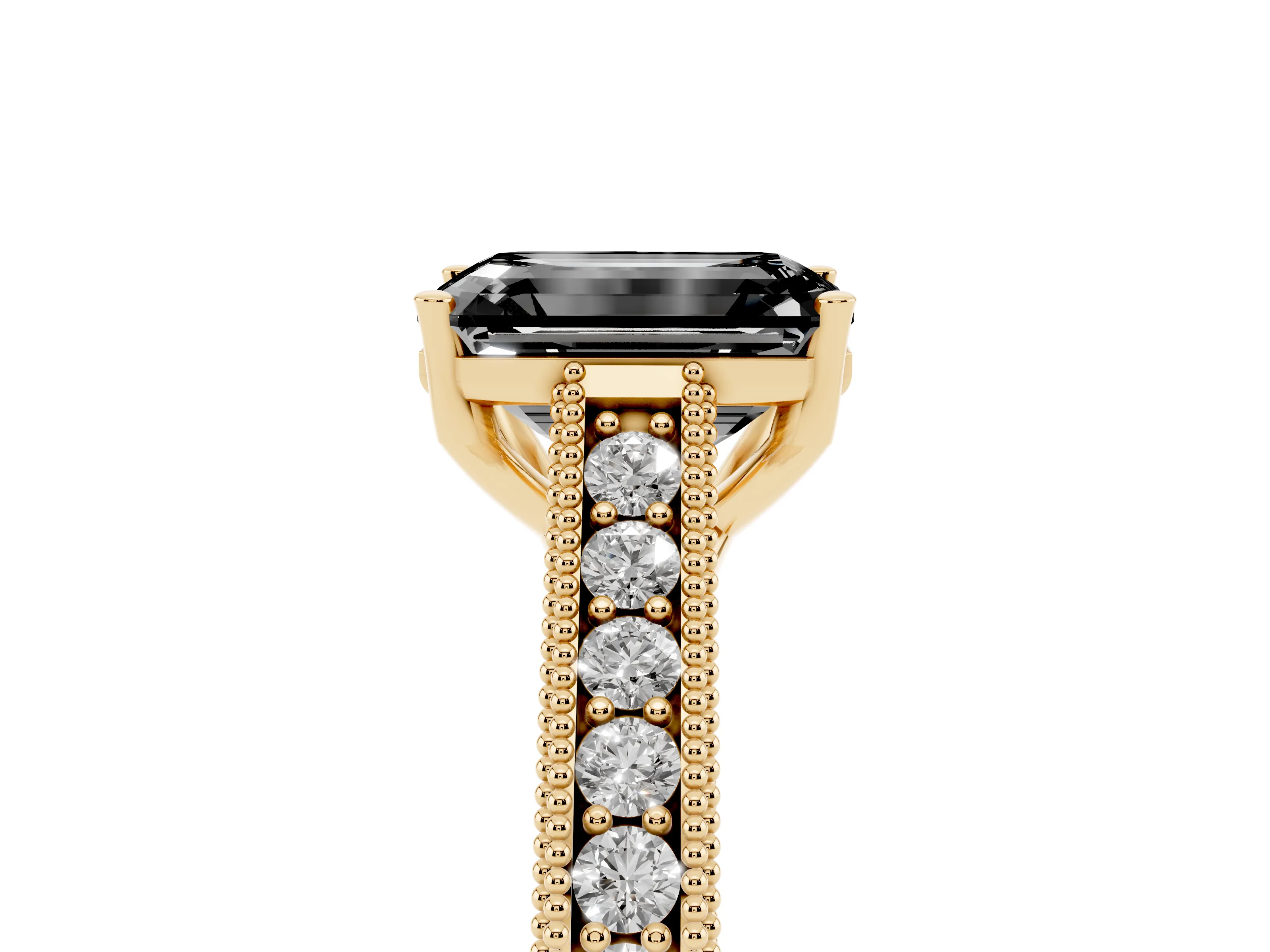 Fancy Black Emerald Cut Diamond Milgrain Pavé Band Solitaire Ring Set in Yellow gold with Prong Setting