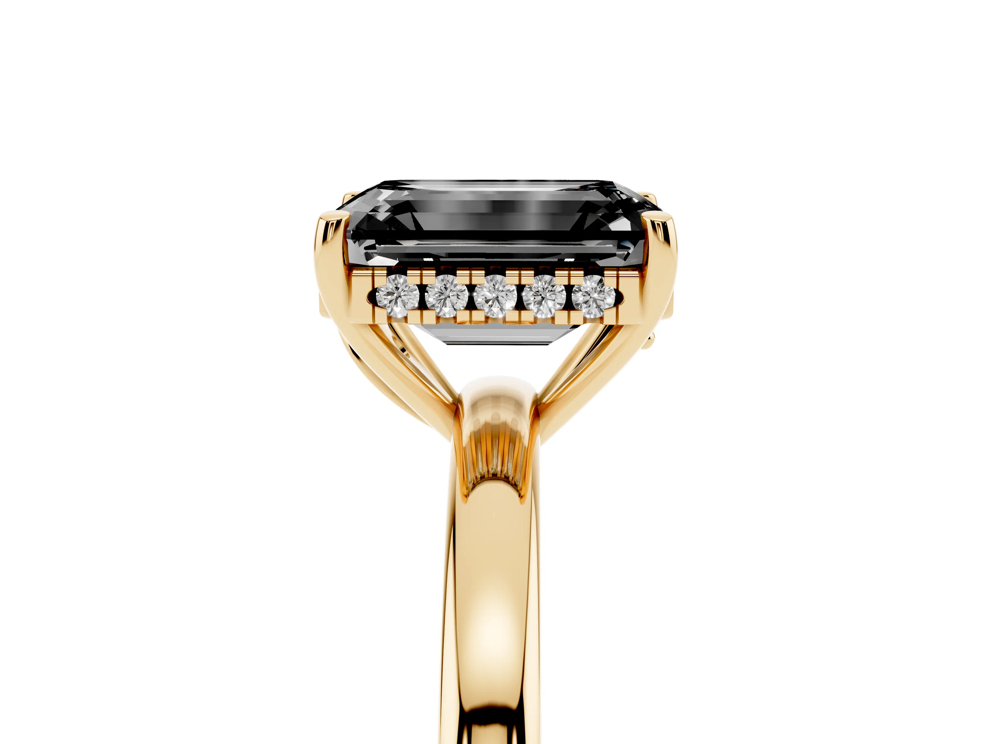 Fancy Black Emerald Cut Diamond Solitaire Ring Set in Yellow gold with Plain Band and Prong Setting
