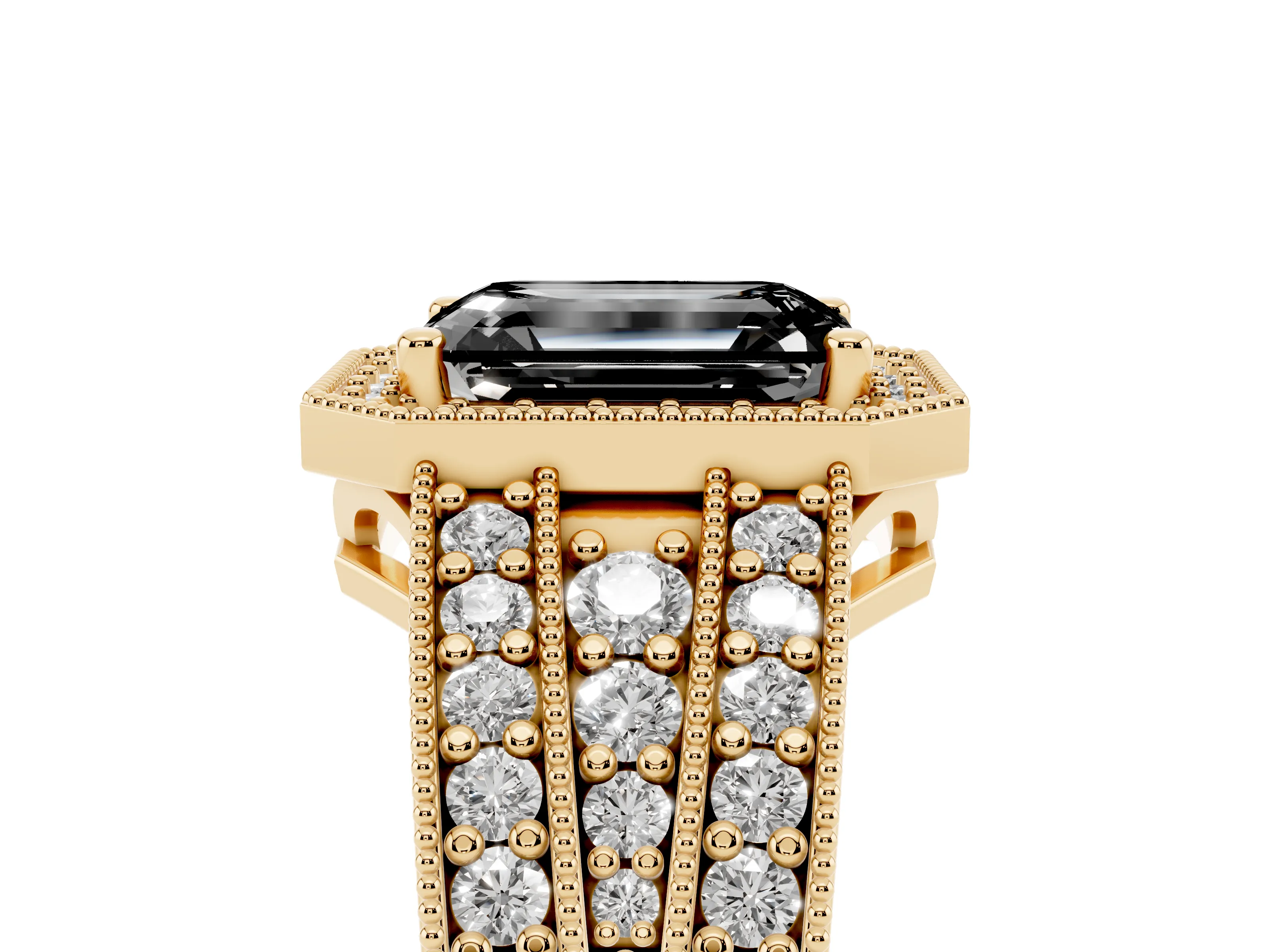Fancy Black Emerald Cut Diamond Halo Ring Set in Yellow gold with Accent Split Shank and Prong Setting