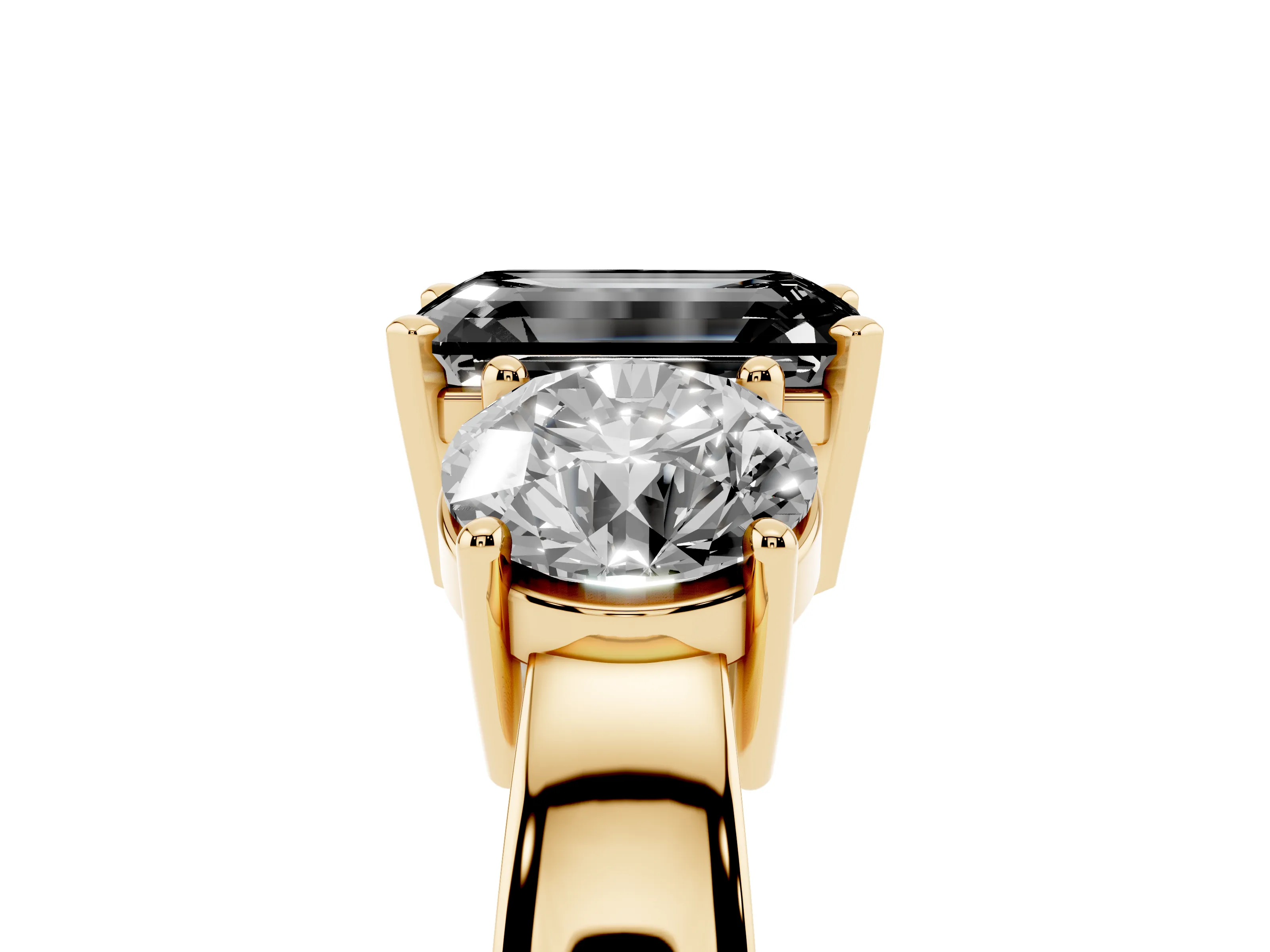 Fancy Black Emerald Cut Diamond Three-Stone Ring Set in Yellow gold with Round Side Stones and Classic Band