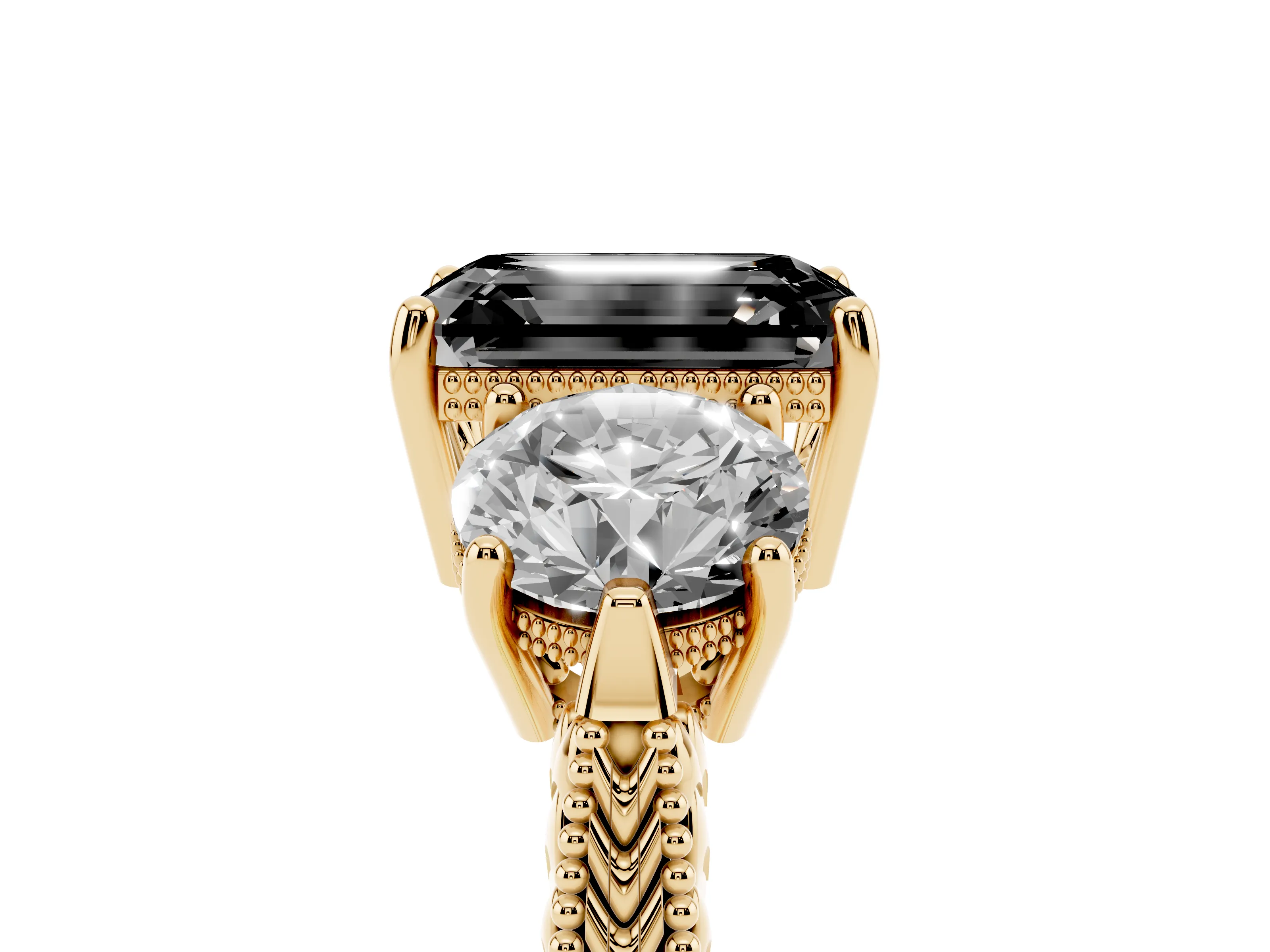 Fancy Black Emerald Cut Diamond Three-Stone Ring Set in Yellow gold with Milgrain Band