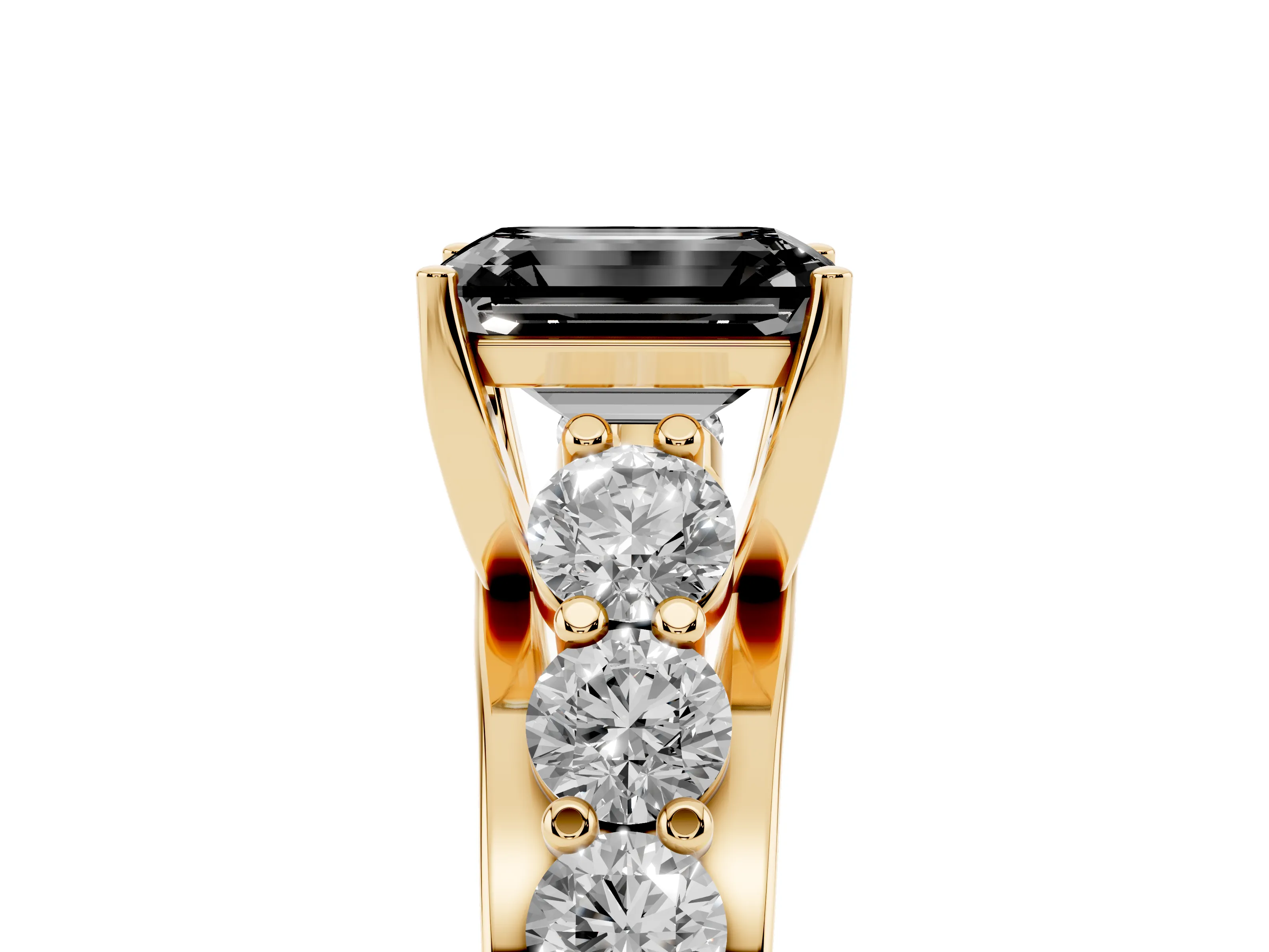 Fancy Black Emerald Cut Diamond Pavé Engagement Ring Set in Yellow gold with Prong Setting