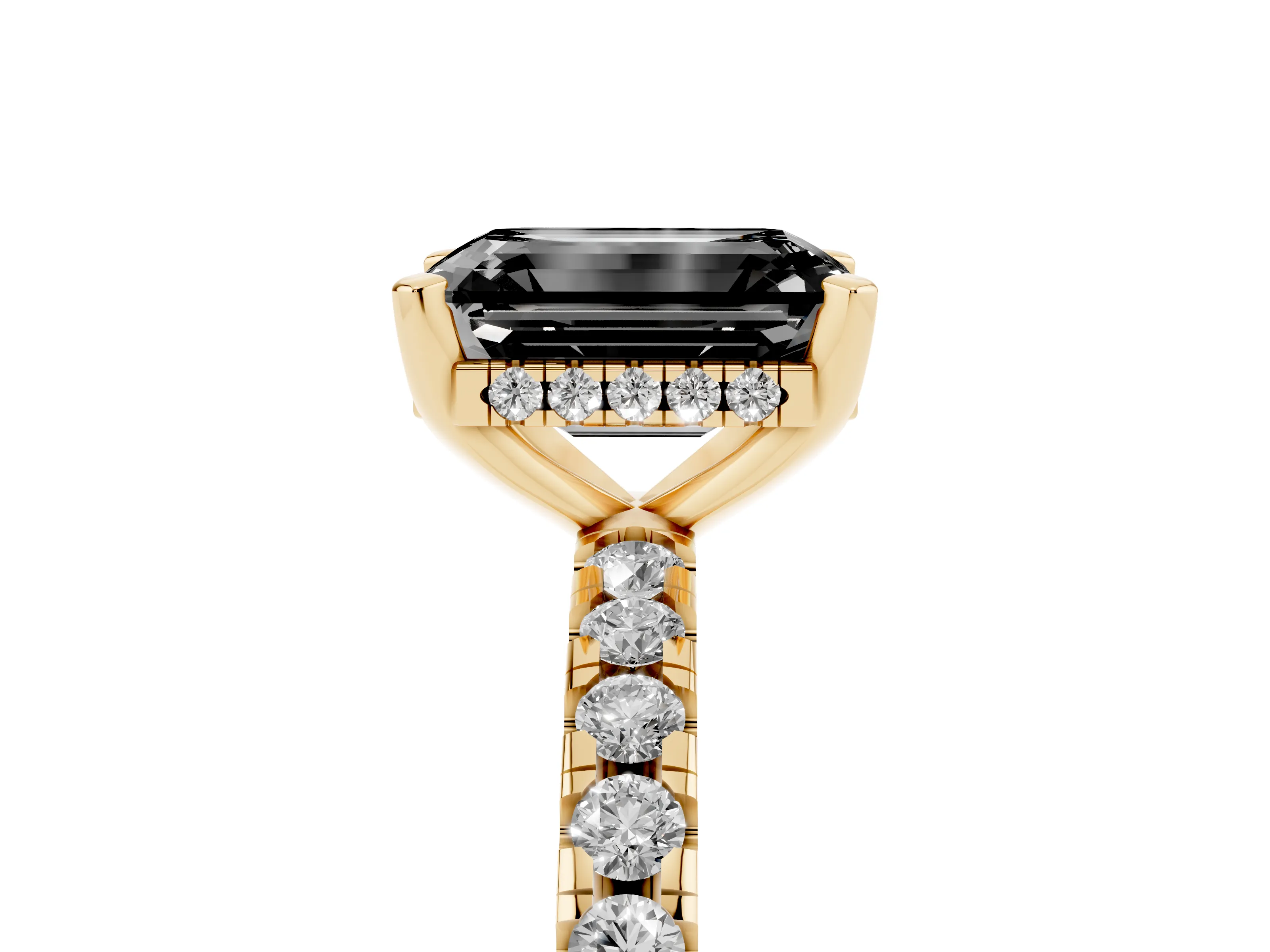 Fancy Black Emerald Cut Diamond Pavé Solitaire Ring Set in Yellow gold with Round Band Accents and Prong Setting