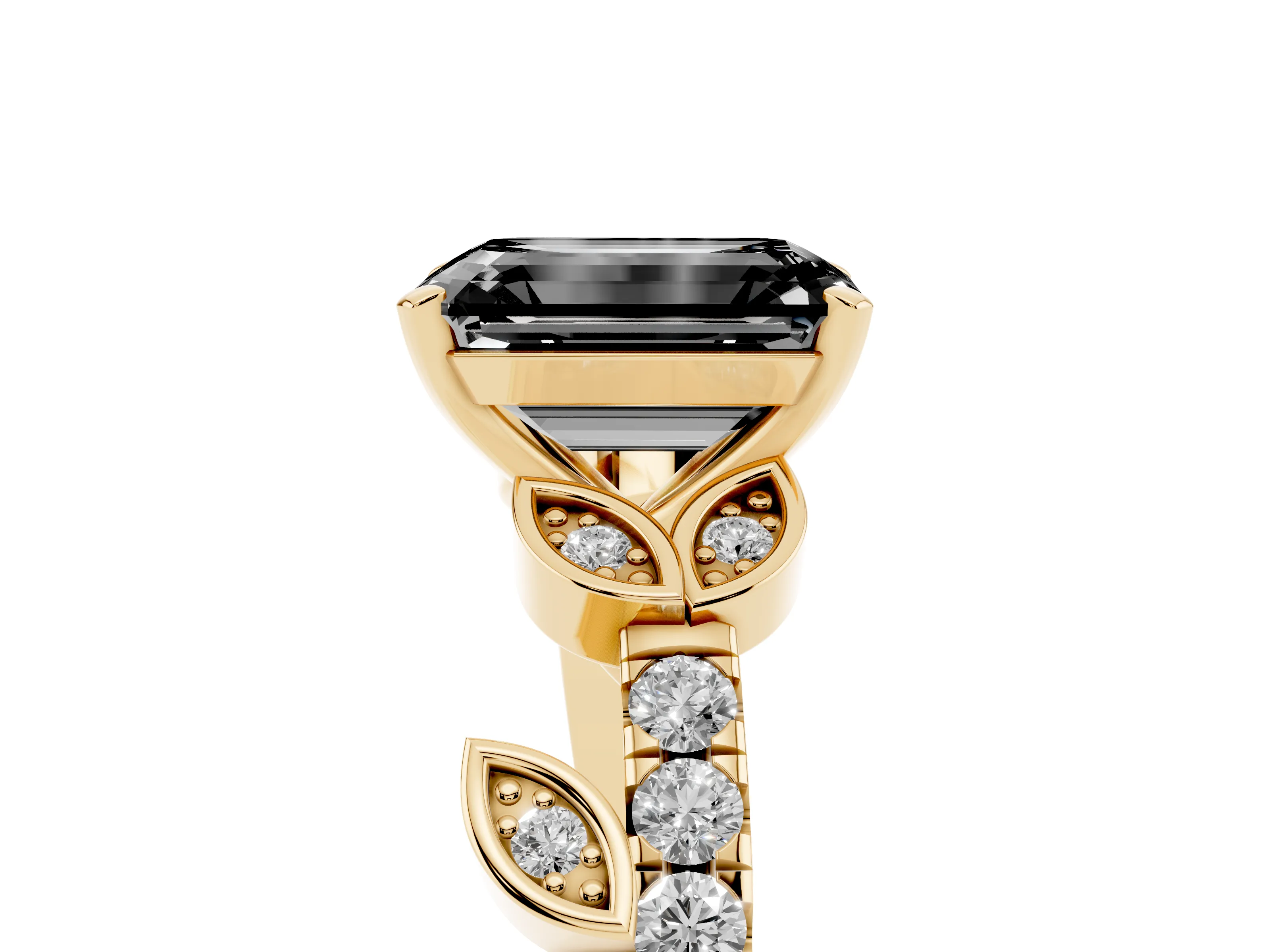 Fancy Black Emerald Cut Diamond Solitaire Leaf-Inspired Ring Set in Yellow gold with Pavé Band and Prong Setting