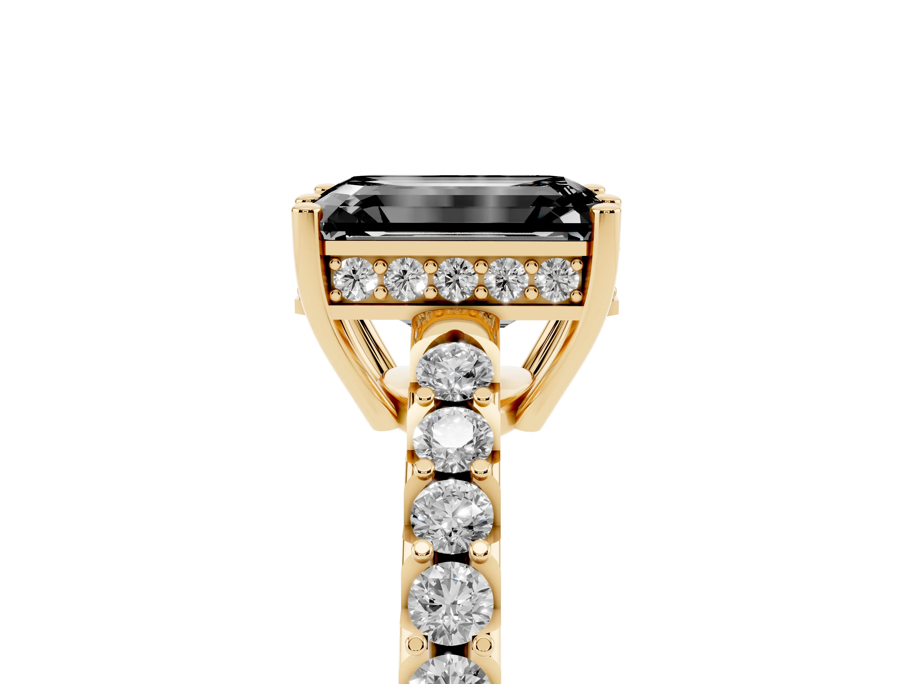 Fancy Black Emerald Cut Diamond Solitaire Engagement Ring Set in Yellow gold with Pavé Band and Prong Setting