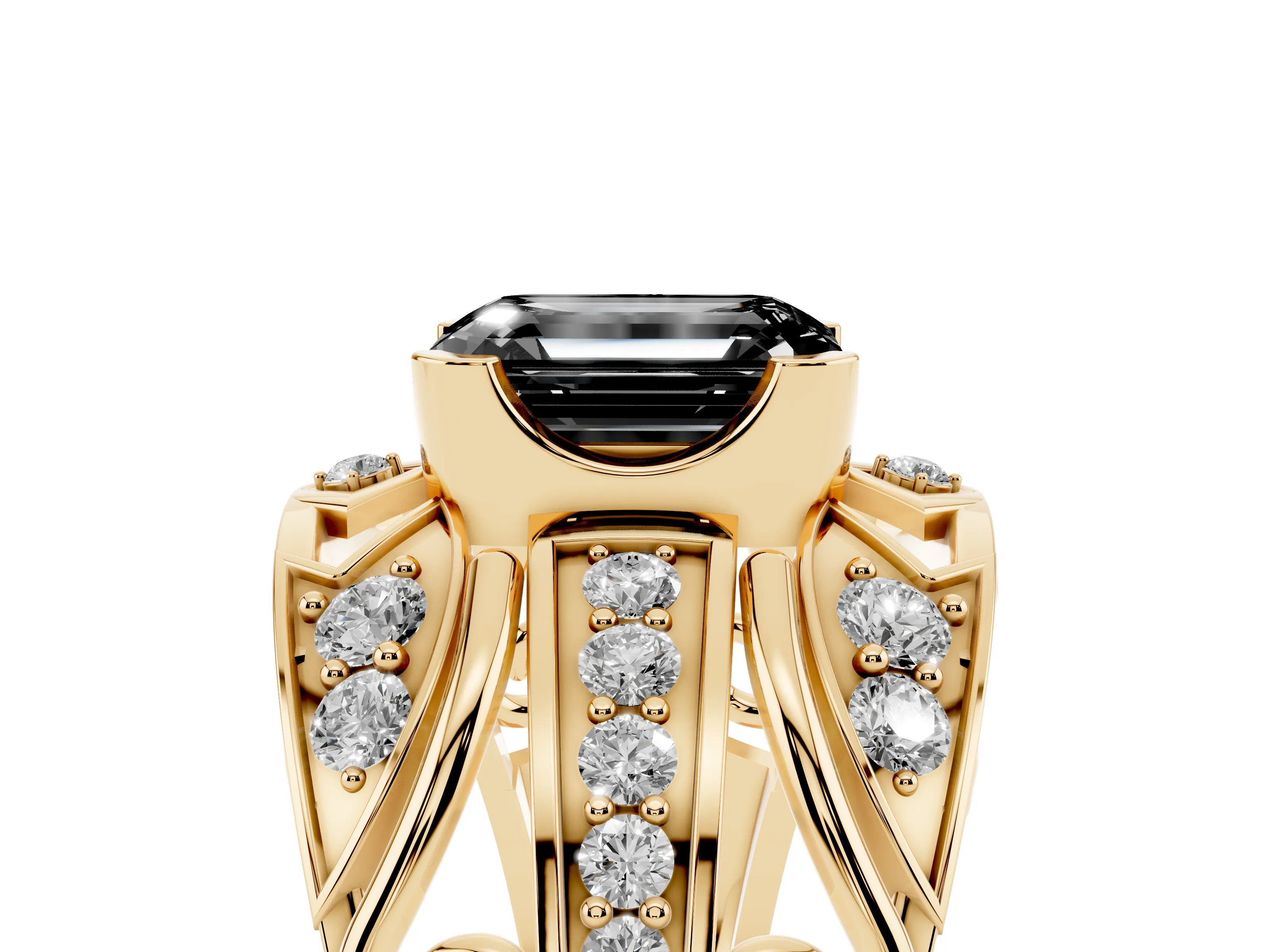 Fancy Black Emerald Cut Diamond Art Deco Ring Set in Yellow gold with Pavé Split Shank