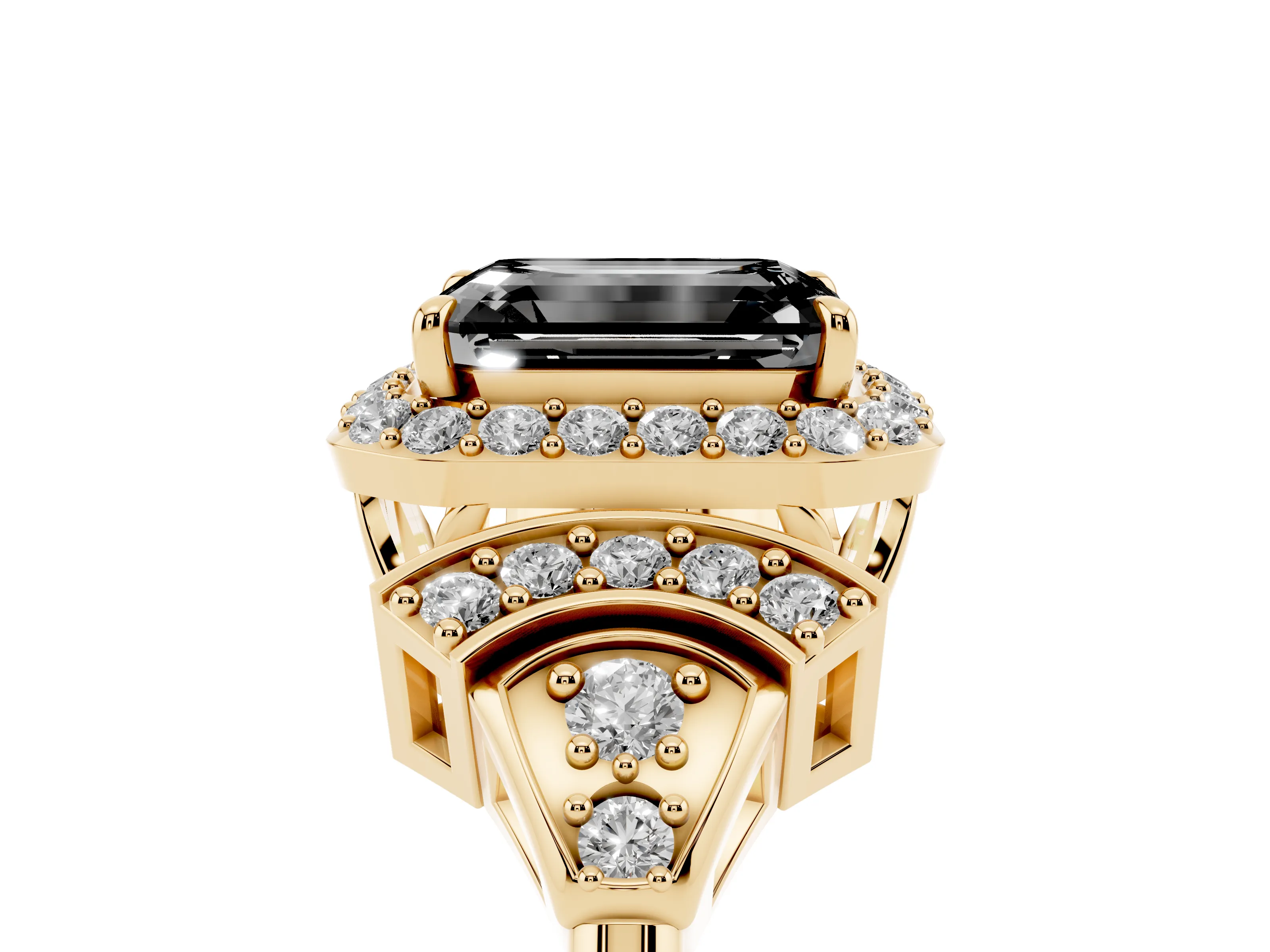 Fancy Black Emerald Cut Diamond Halo Engagement Ring Set in Yellow gold with Accent Stone Split Shank