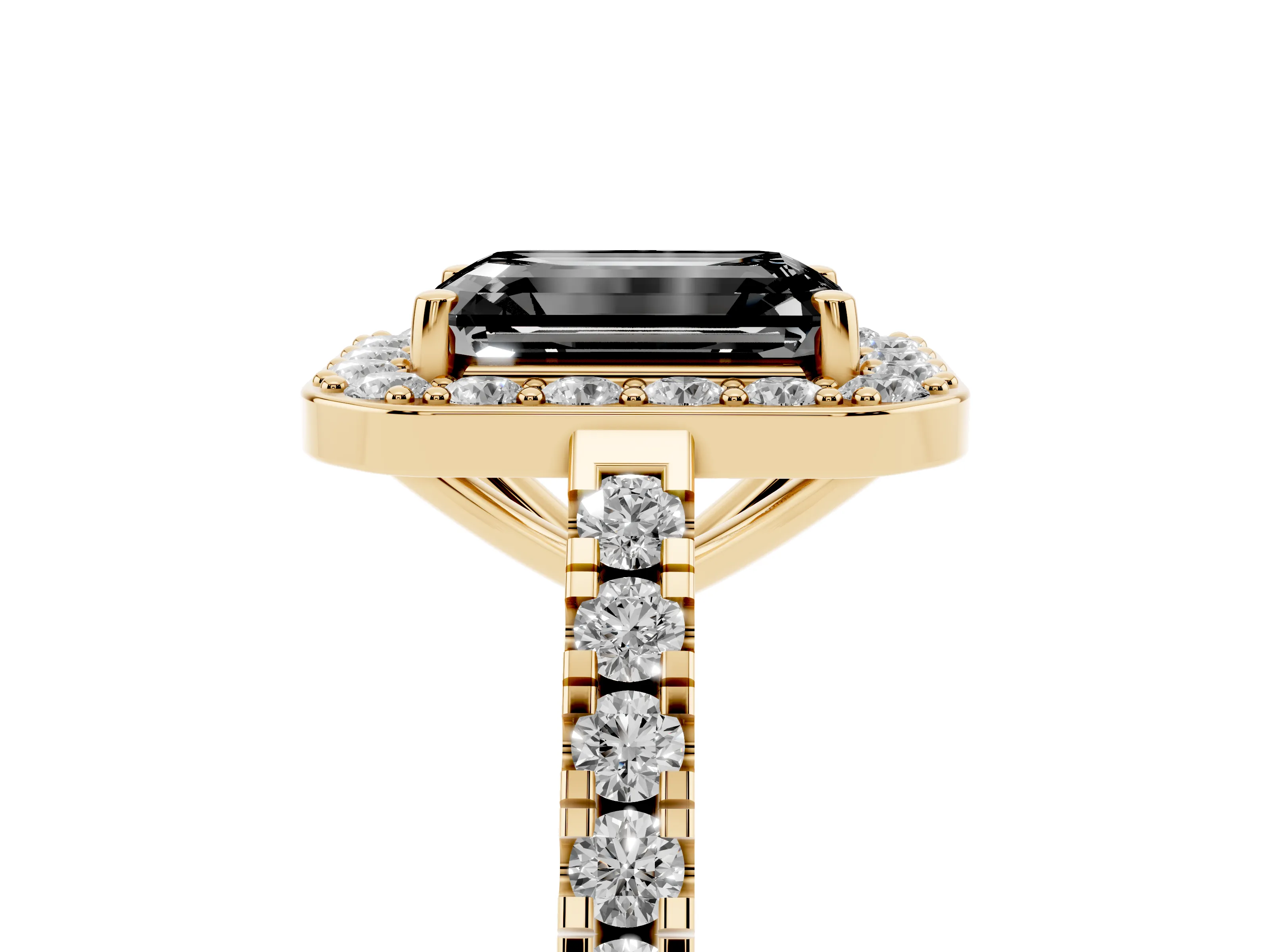 Fancy Black Emerald Cut Diamond Halo Ring Set in Yellow gold with Round Pavé Split Shank and Prong Setting