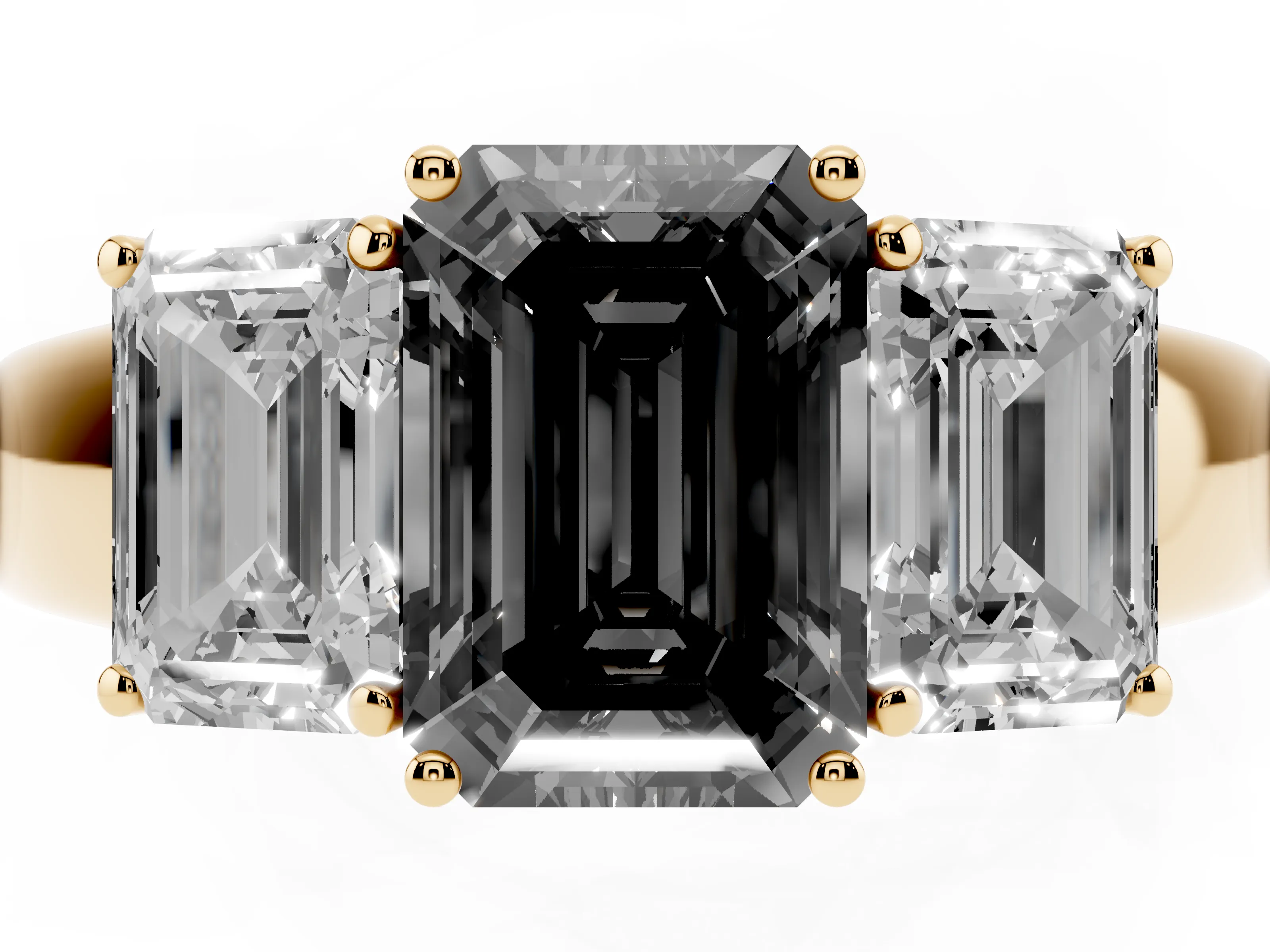 Fancy Black Three-Stone Emerald Cut Diamond Ring Set in Yellow gold with Matching Prong Settings and Plain Band
