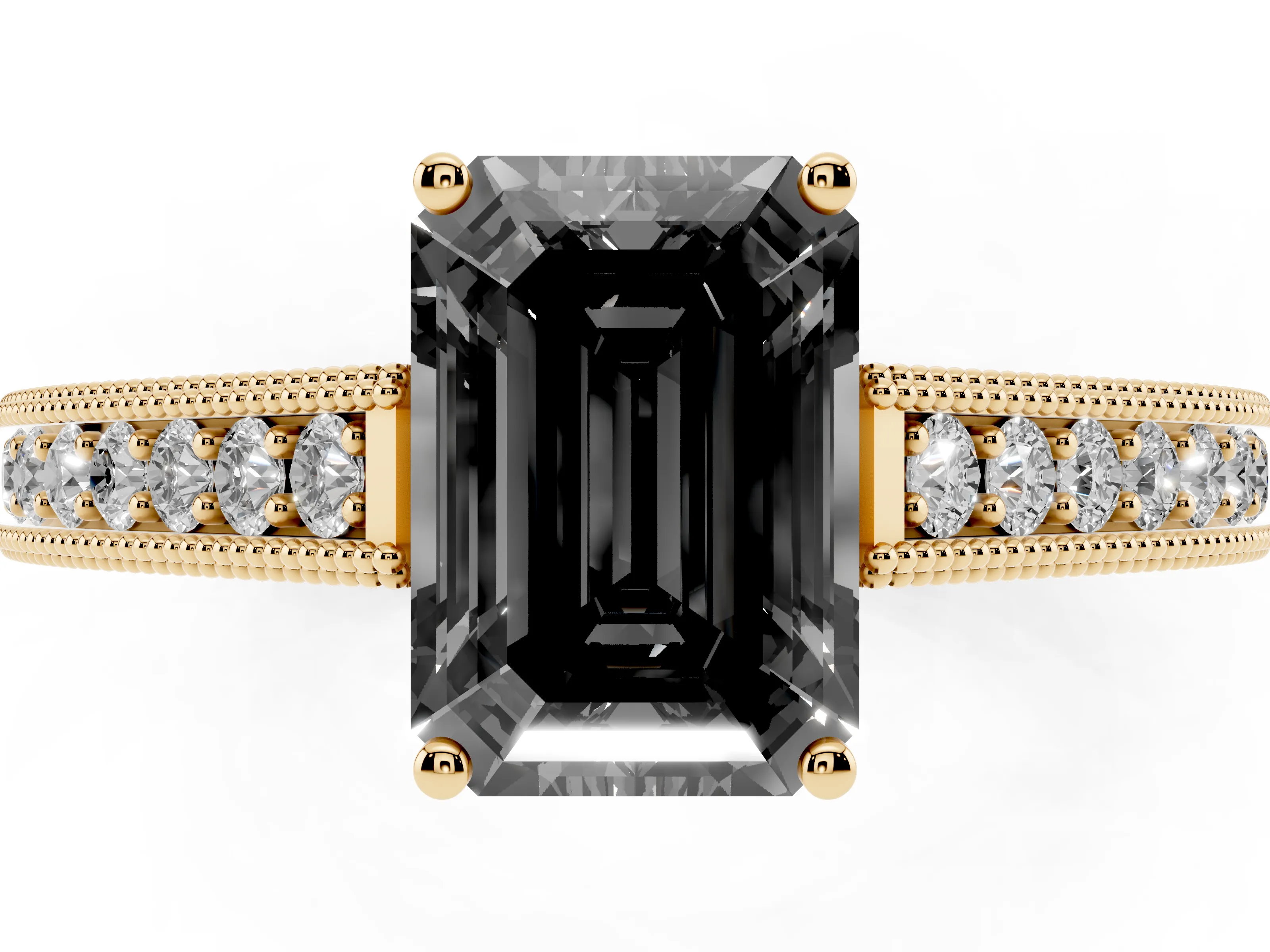 Fancy Black Emerald Cut Diamond Milgrain Pavé Band Solitaire Ring Set in Yellow gold with Prong Setting
