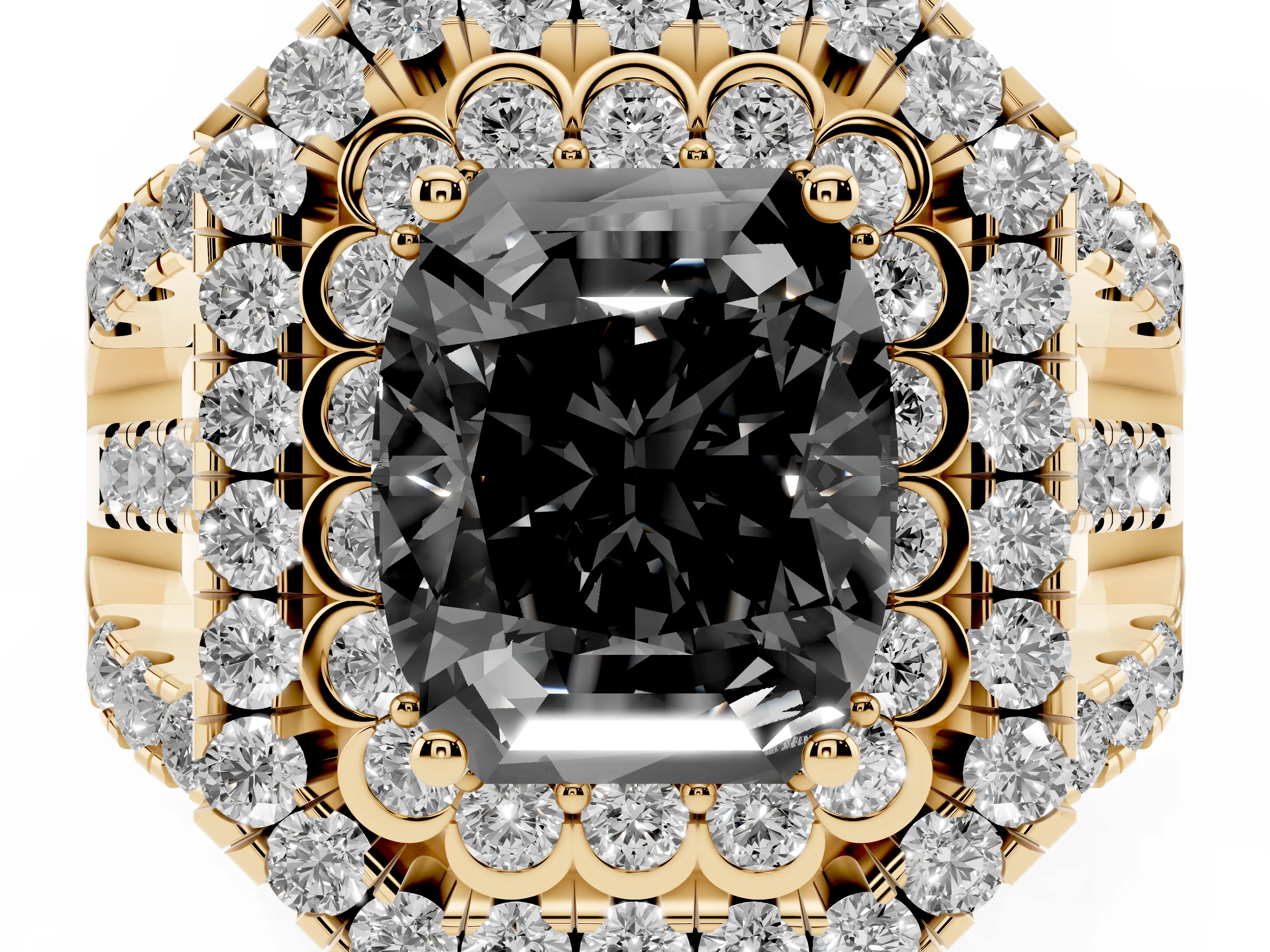 Fancy Black Emerald Cut Diamond Double Halo Ring Set in Yellow gold with Round Pavé Split Shank