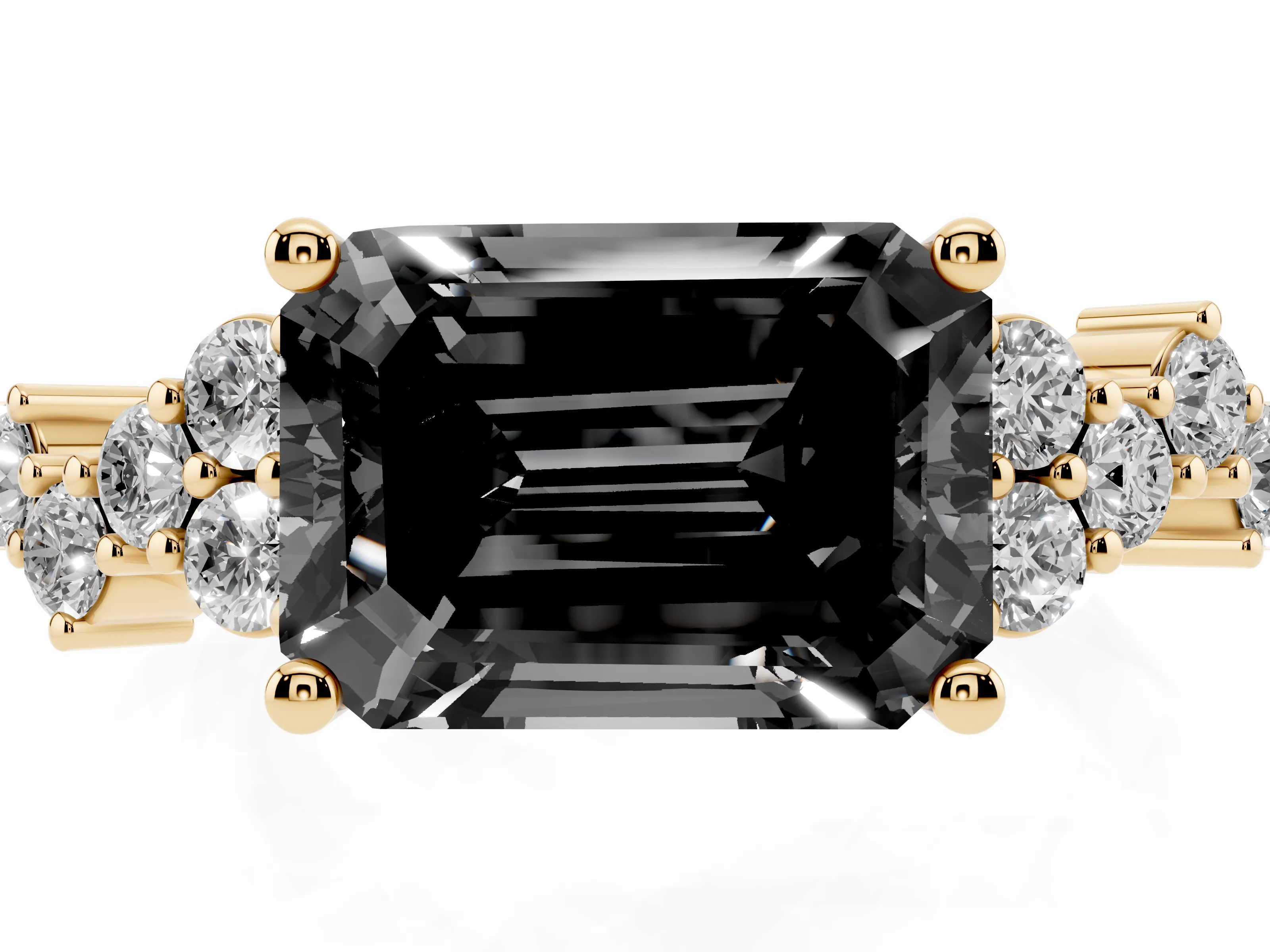 Fancy Black Emerald Cut Diamond Ring Set in Yellow gold with Scattered Round Accents