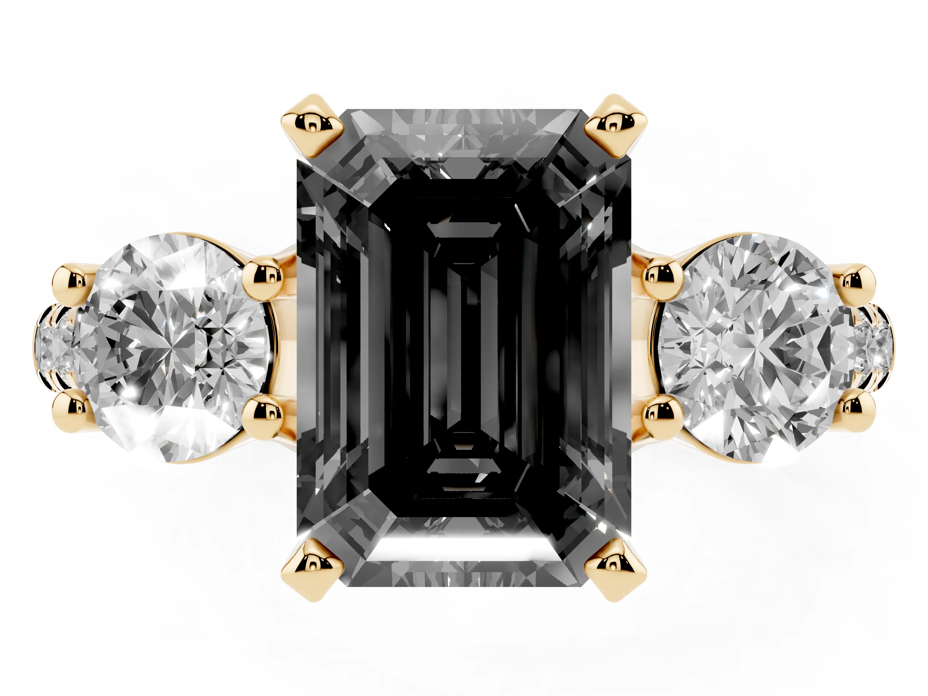 Fancy Black Three-Stone Emerald Cut Diamond Pavé Band Ring Set in Yellow gold with Prong-Set Trio