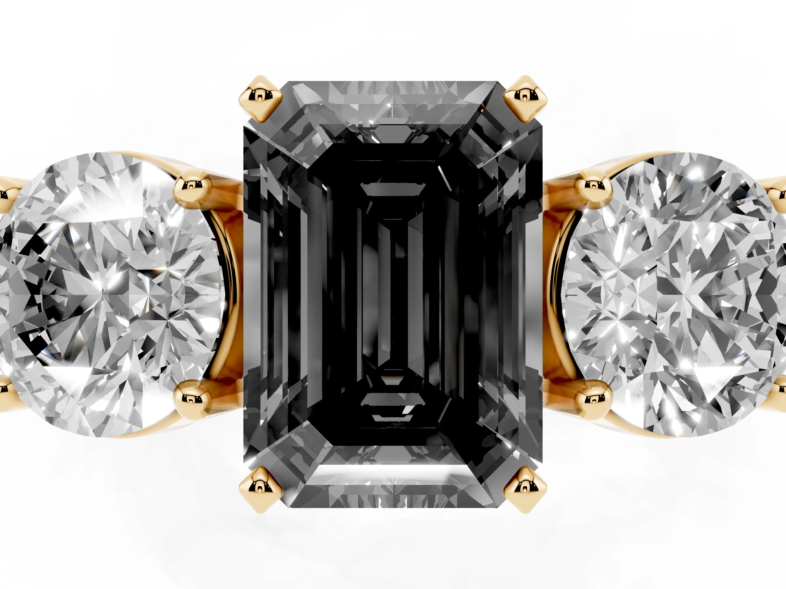 Fancy Black Emerald Cut Diamond Three-Stone Ring Set in Yellow gold with Round Side Stones and Classic Band