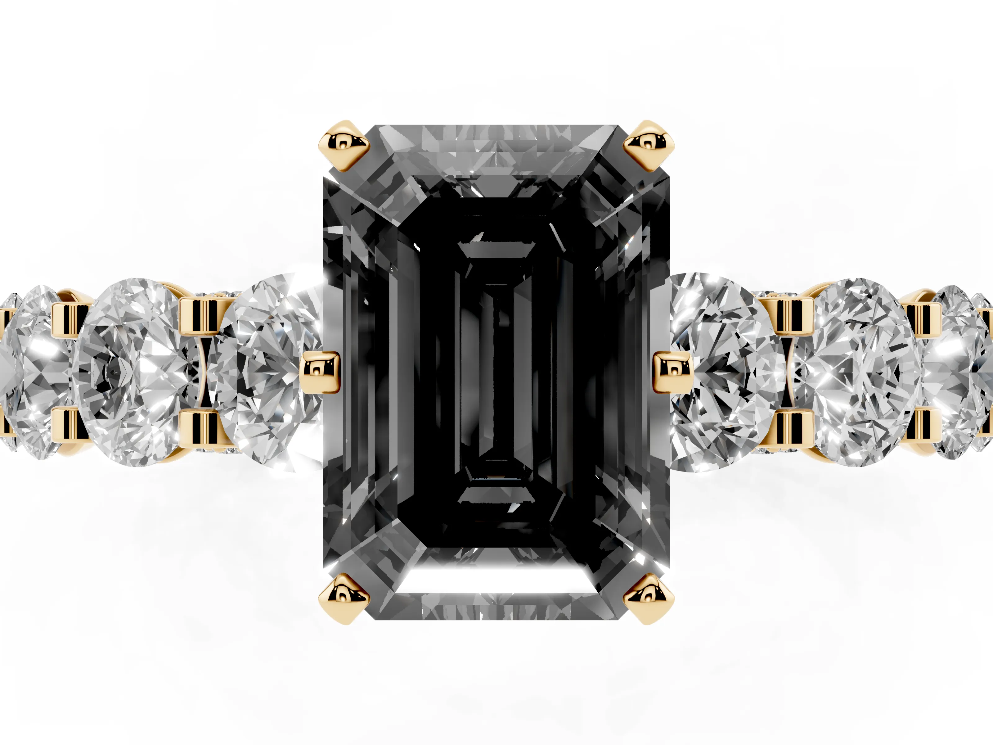 Fancy Black Emerald Cut Diamond Side Stone Ring Set in Yellow gold with Alternating Round and Oval Side Stones